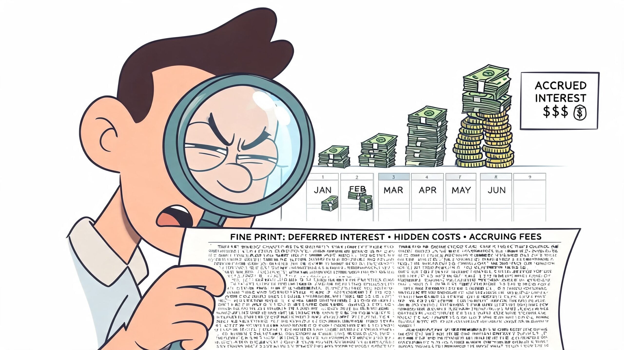A person examines a financial document with a magnifying glass, illustrating hidden costs and interest charges.