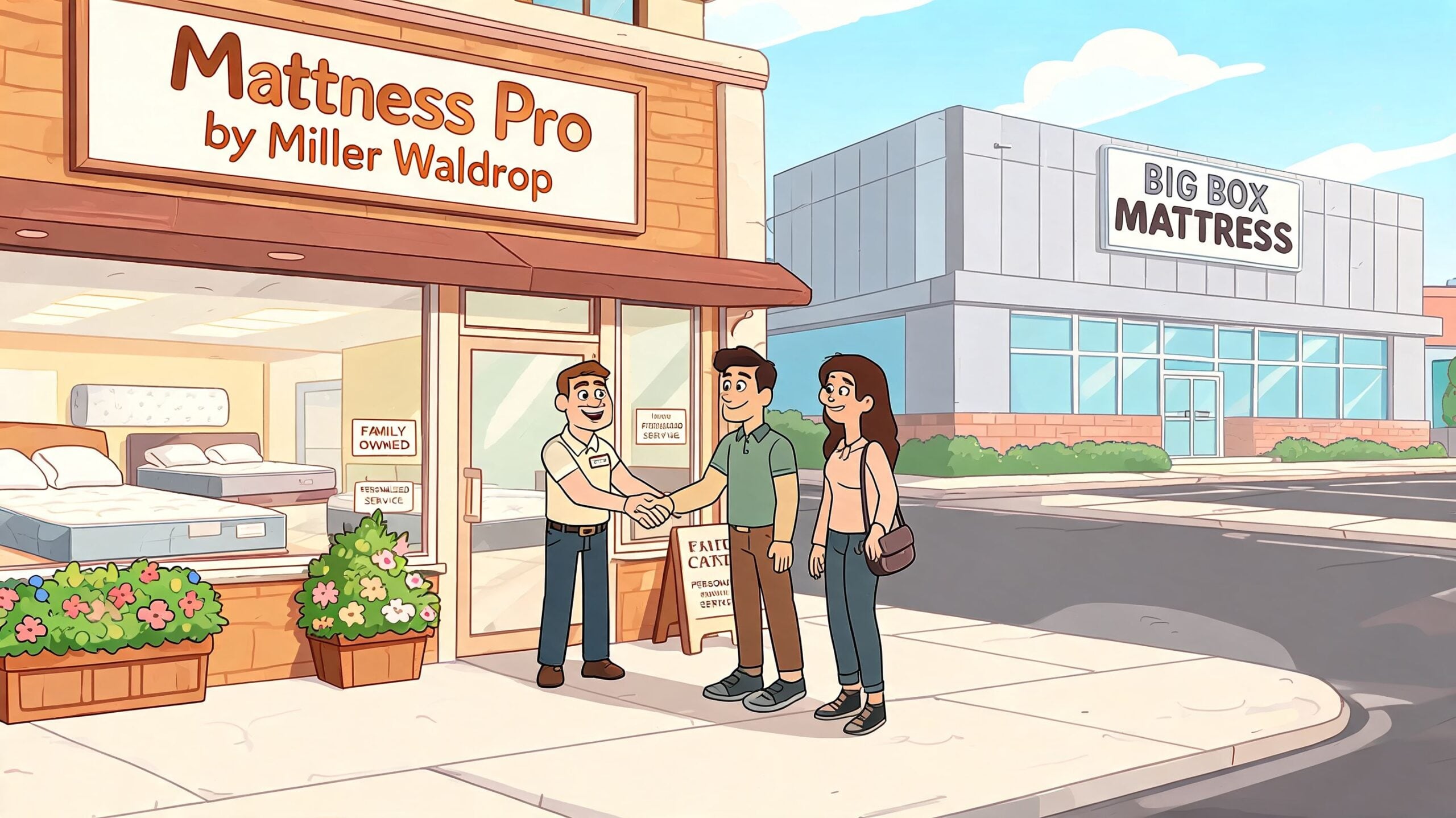 A couple shakes hands with a friendly mattress store employee outside a local family-owned furniture shop.