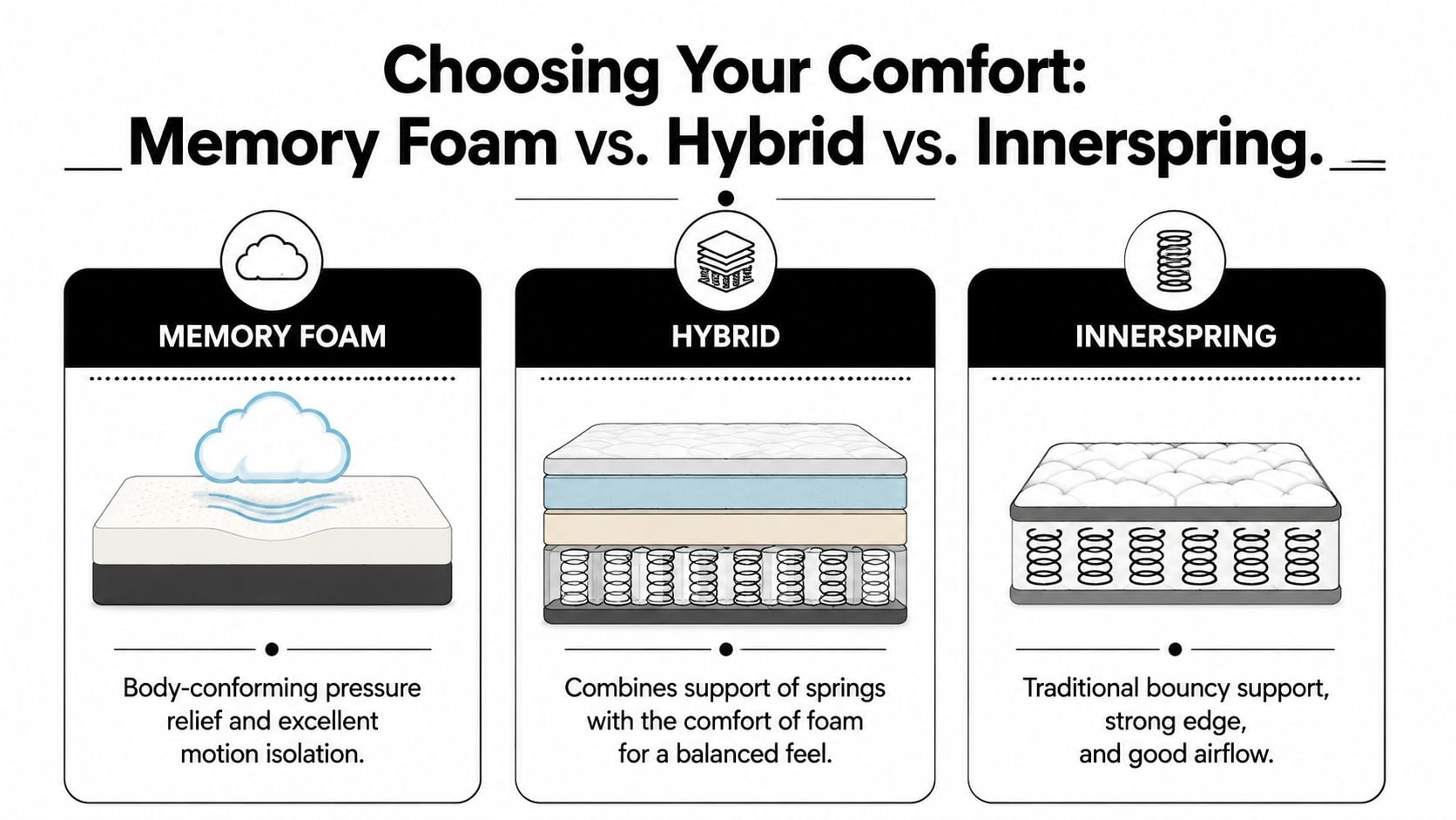 A comparison chart showing the differences between memory foam, hybrid, and innerspring mattress types for comfort.