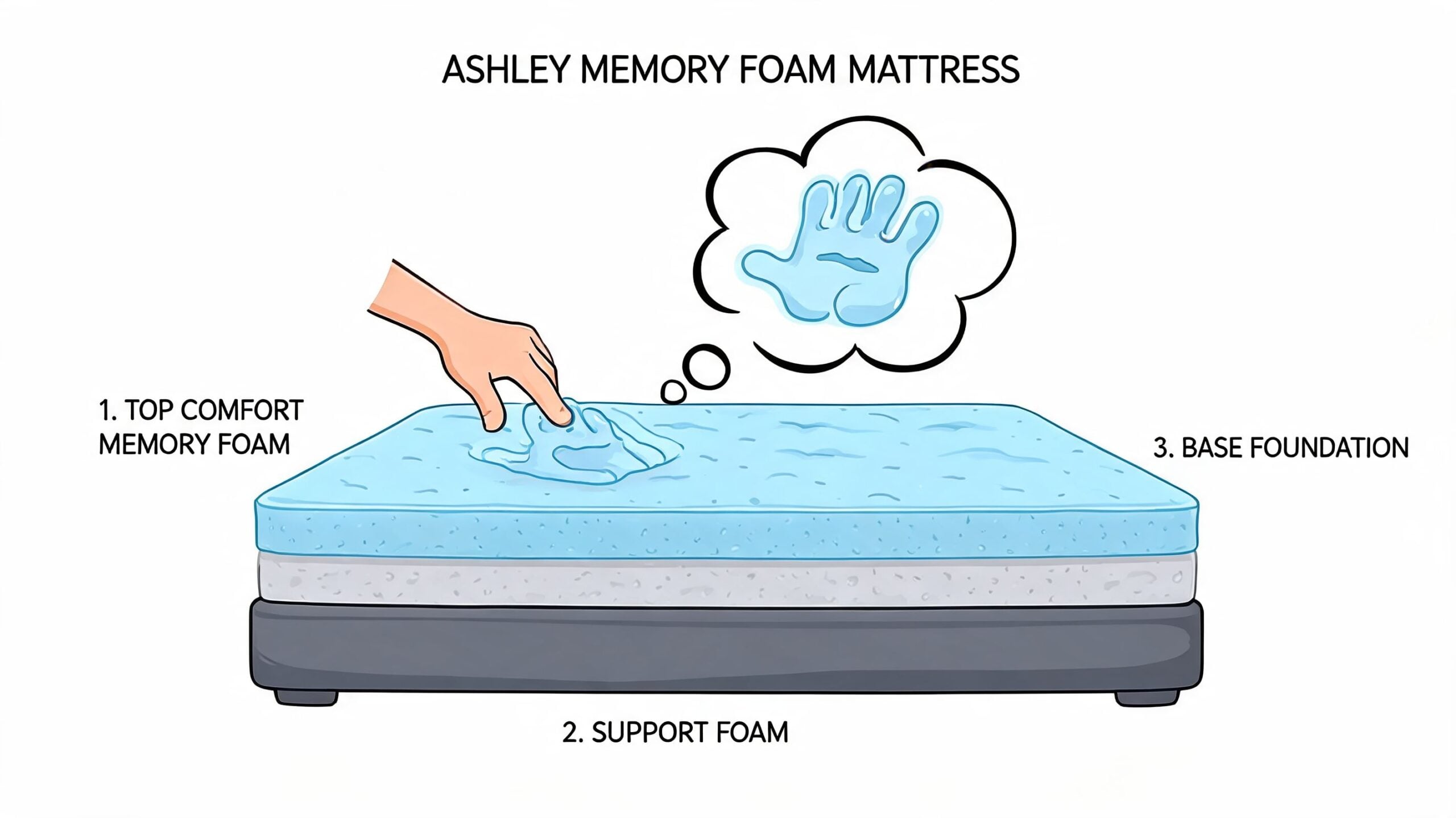 A diagram of an Ashley memory foam mattress showing three layers including top comfort foam and support.