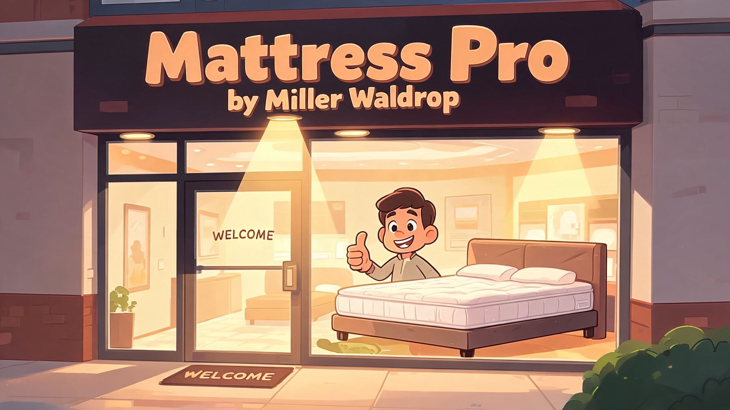 A friendly cartoon salesman giving a thumbs up in a bright and welcoming mattress store storefront.