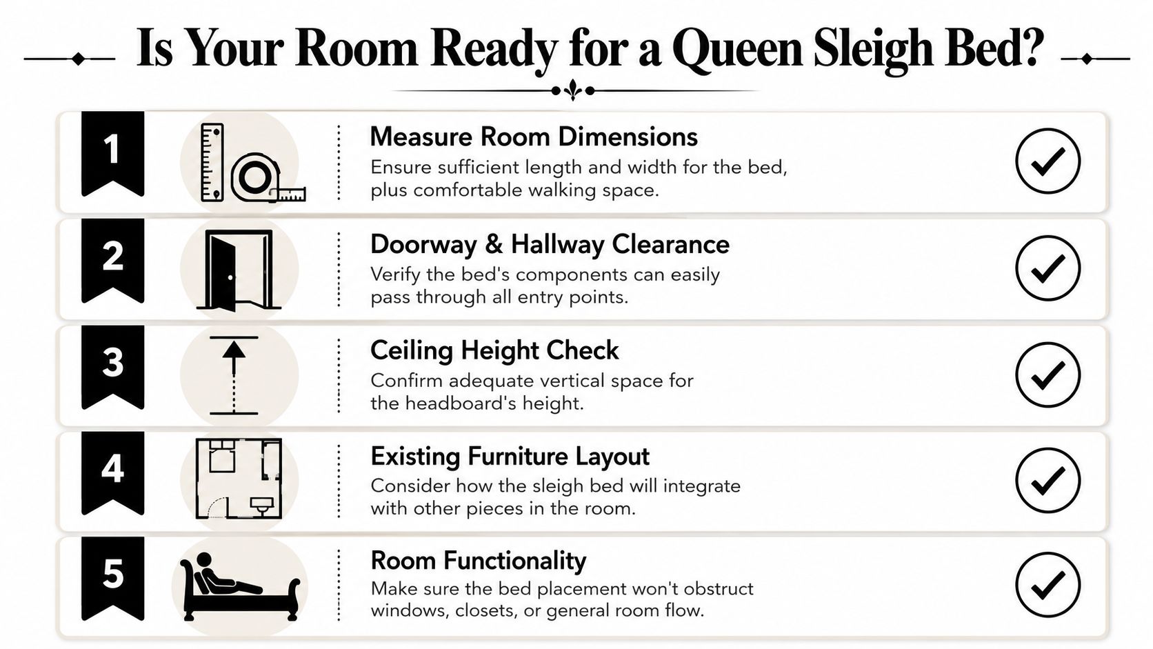 A checklist infographic titled Is Your Room Ready for a Queen Sleigh Bed with five measurement tips.