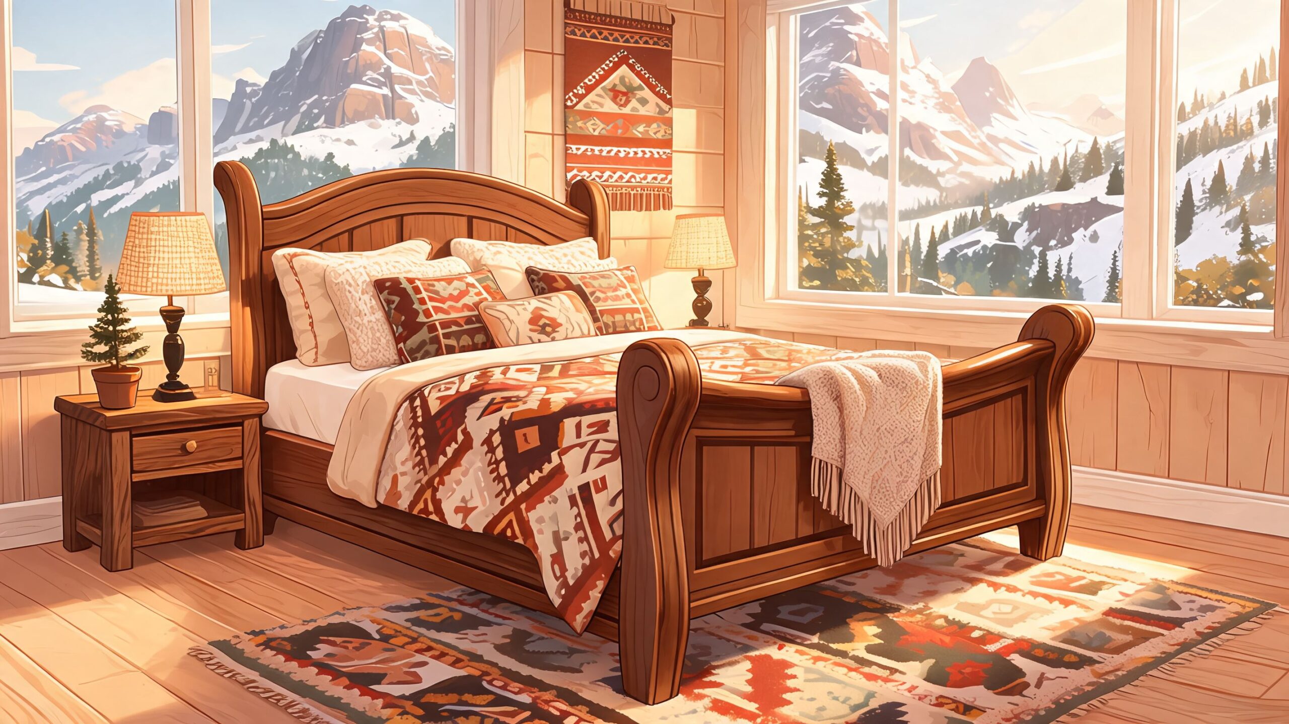 A cozy bedroom featuring an Ashley furniture queen sleigh bed with rustic mountain lodge decor and snowy views.