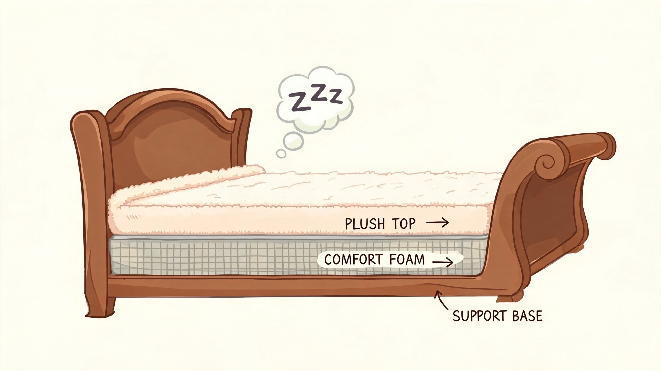 A cross-section illustration of a wooden sleigh bed showing the plush top, comfort foam, and support base.
