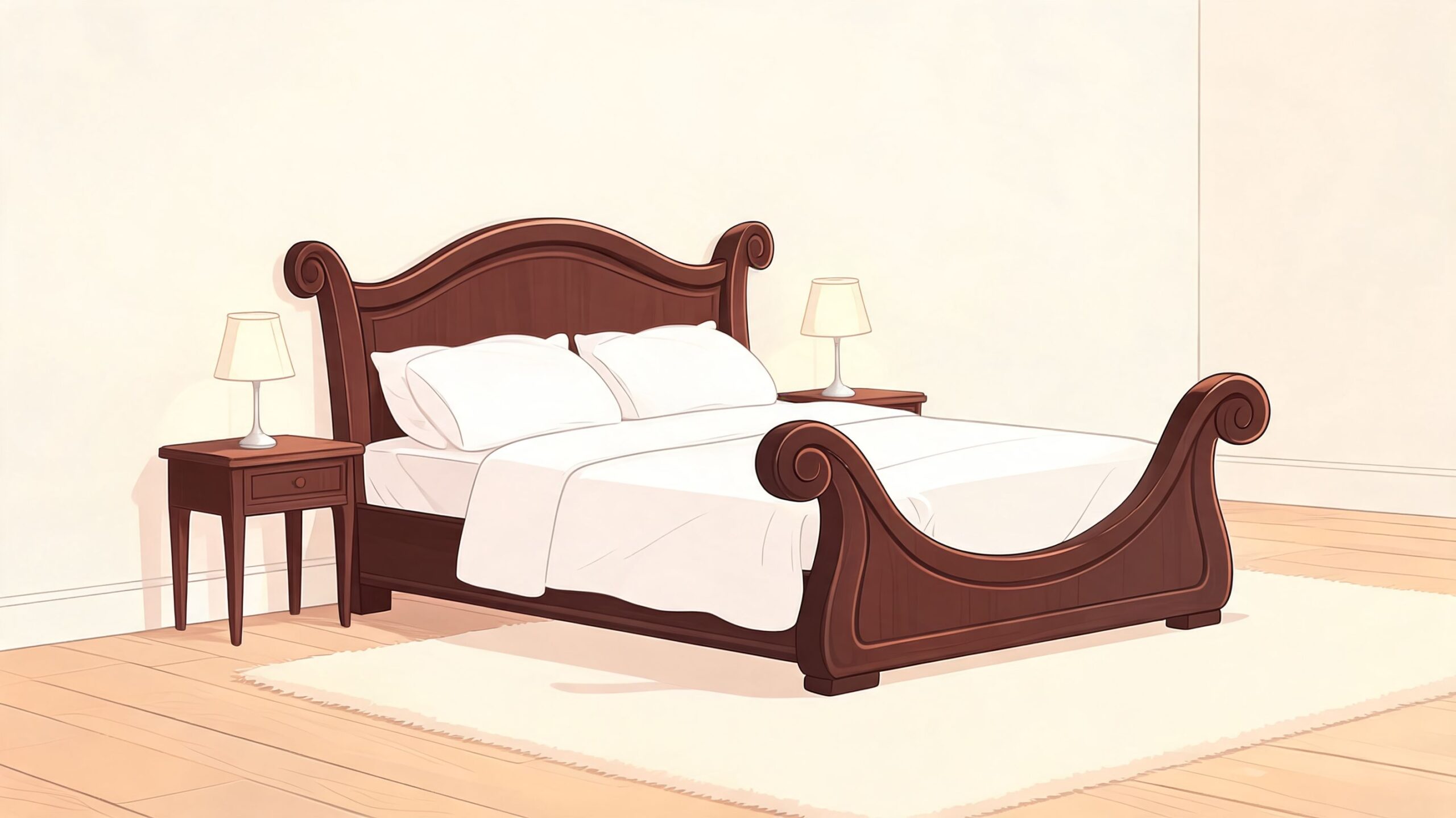 A classic dark wooden queen sleigh bed set with bedside tables and lamps in a bright bedroom.