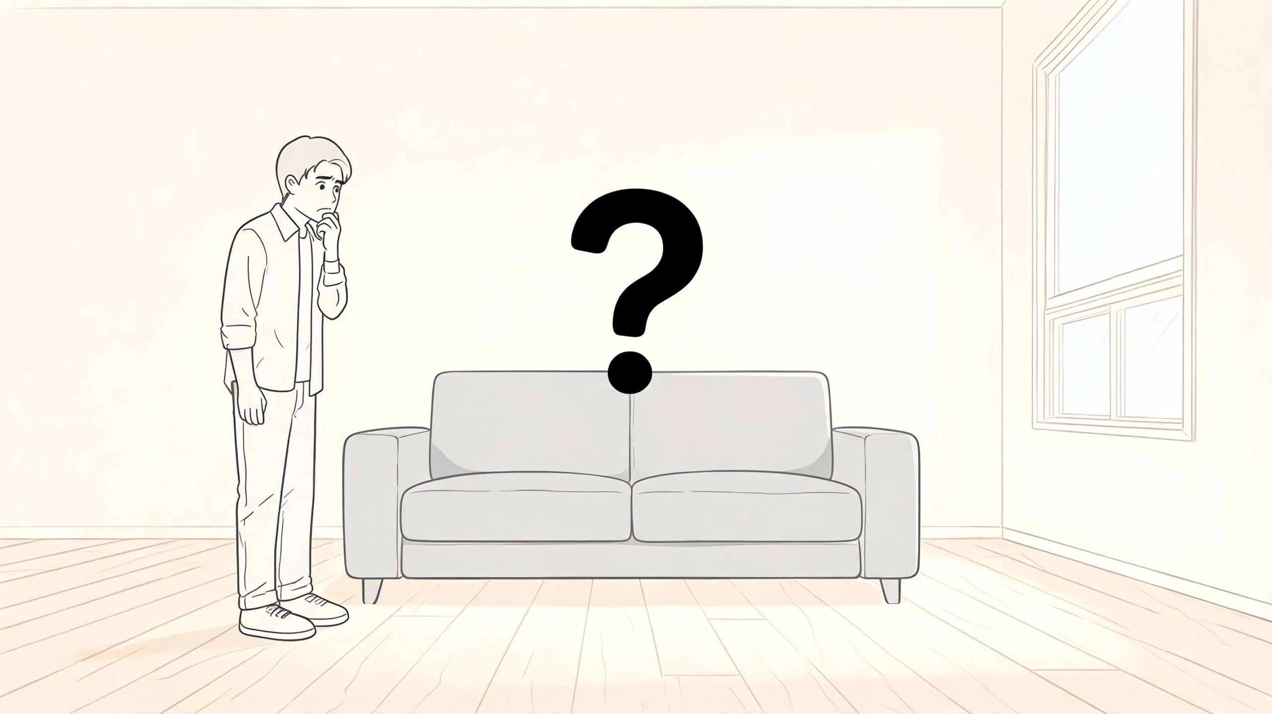 A confused person standing in a room looking at a new couch with a question mark above.