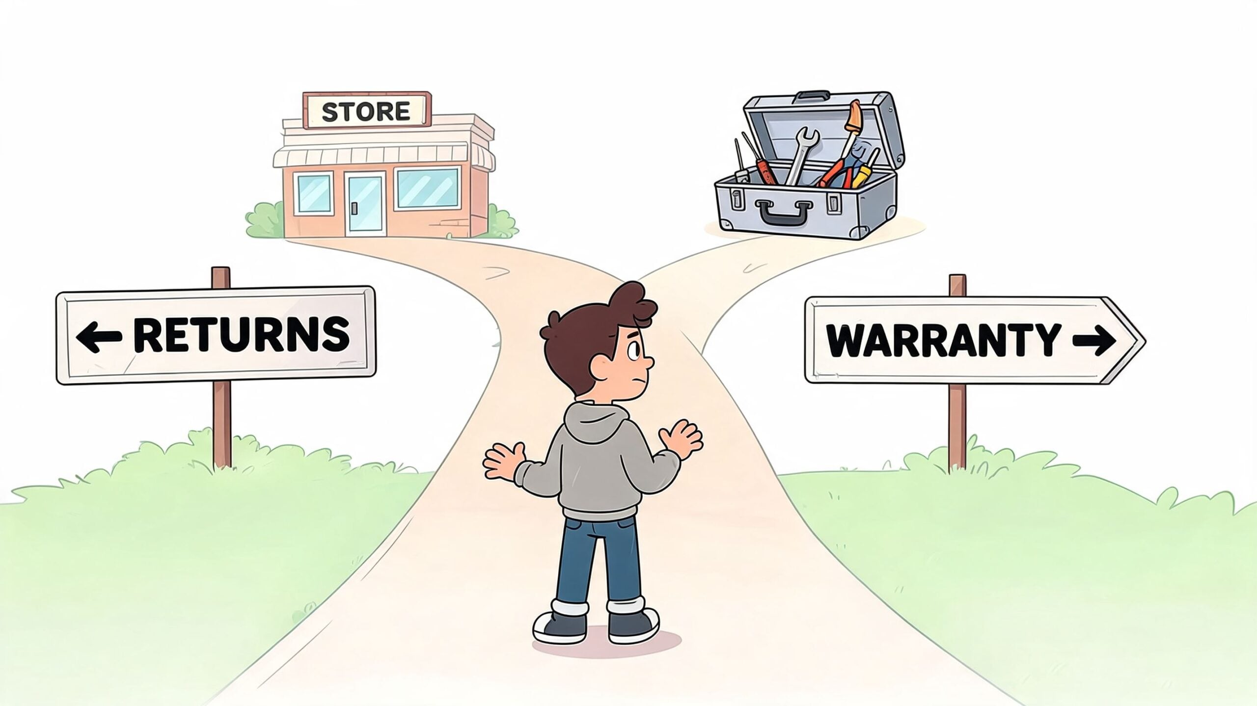 A cartoon boy standing at a fork in the road deciding between store returns and product warranty.