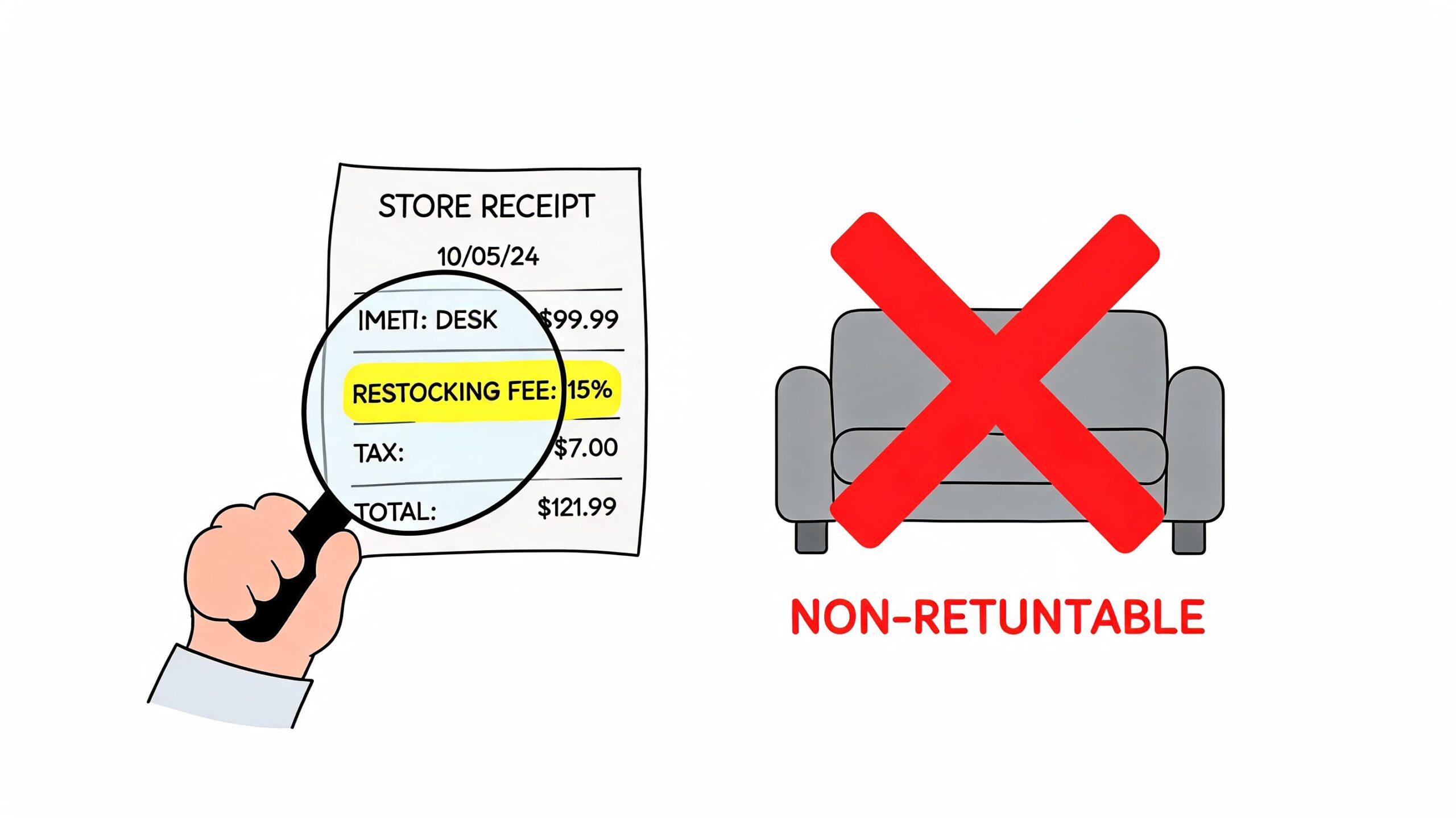 A store receipt showing a fifteen percent restocking fee and a drawing of a couch marked non-returnable.