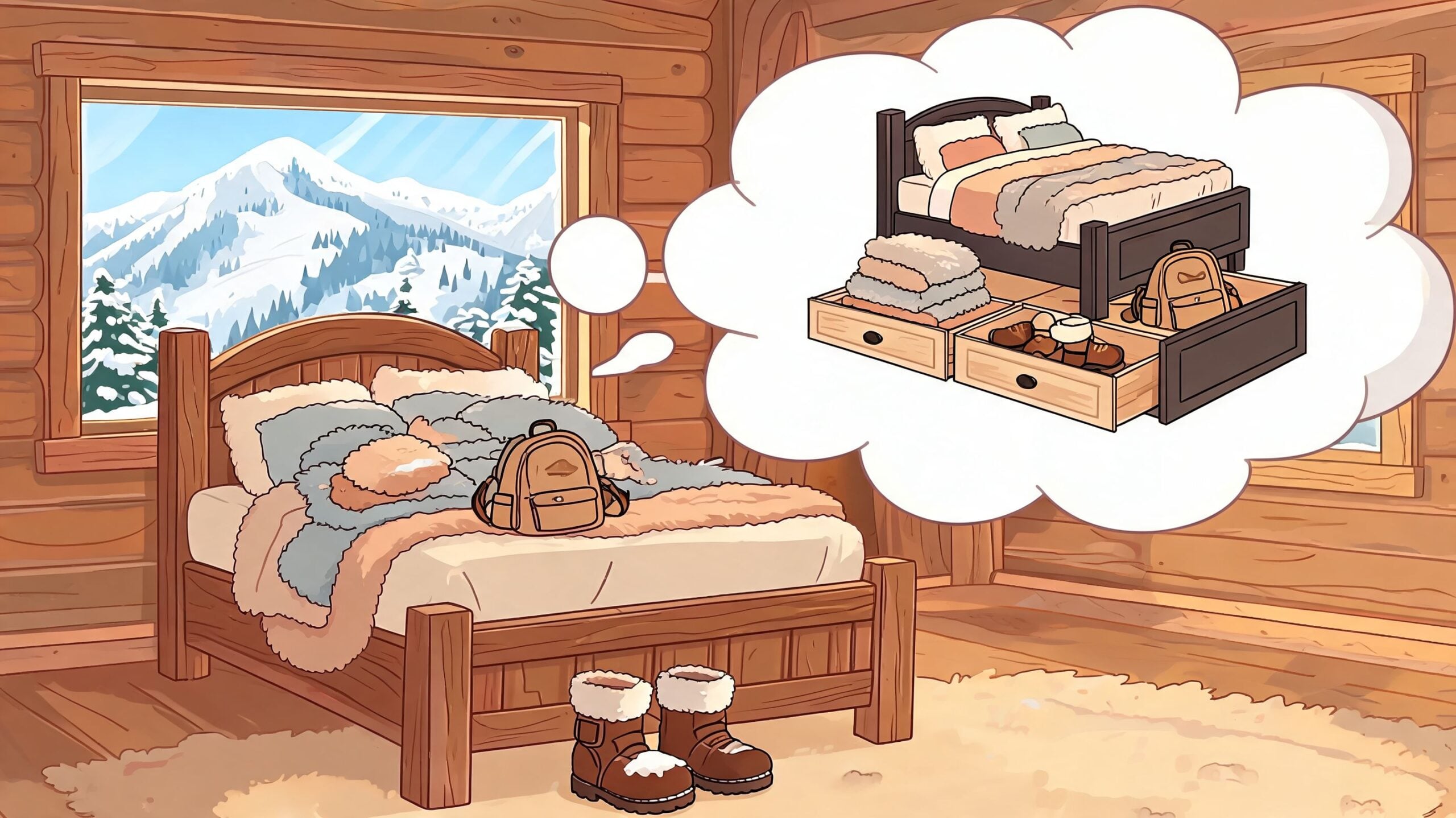 A cozy log cabin bedroom featuring a bed with a storage drawer unit underneath for blankets.