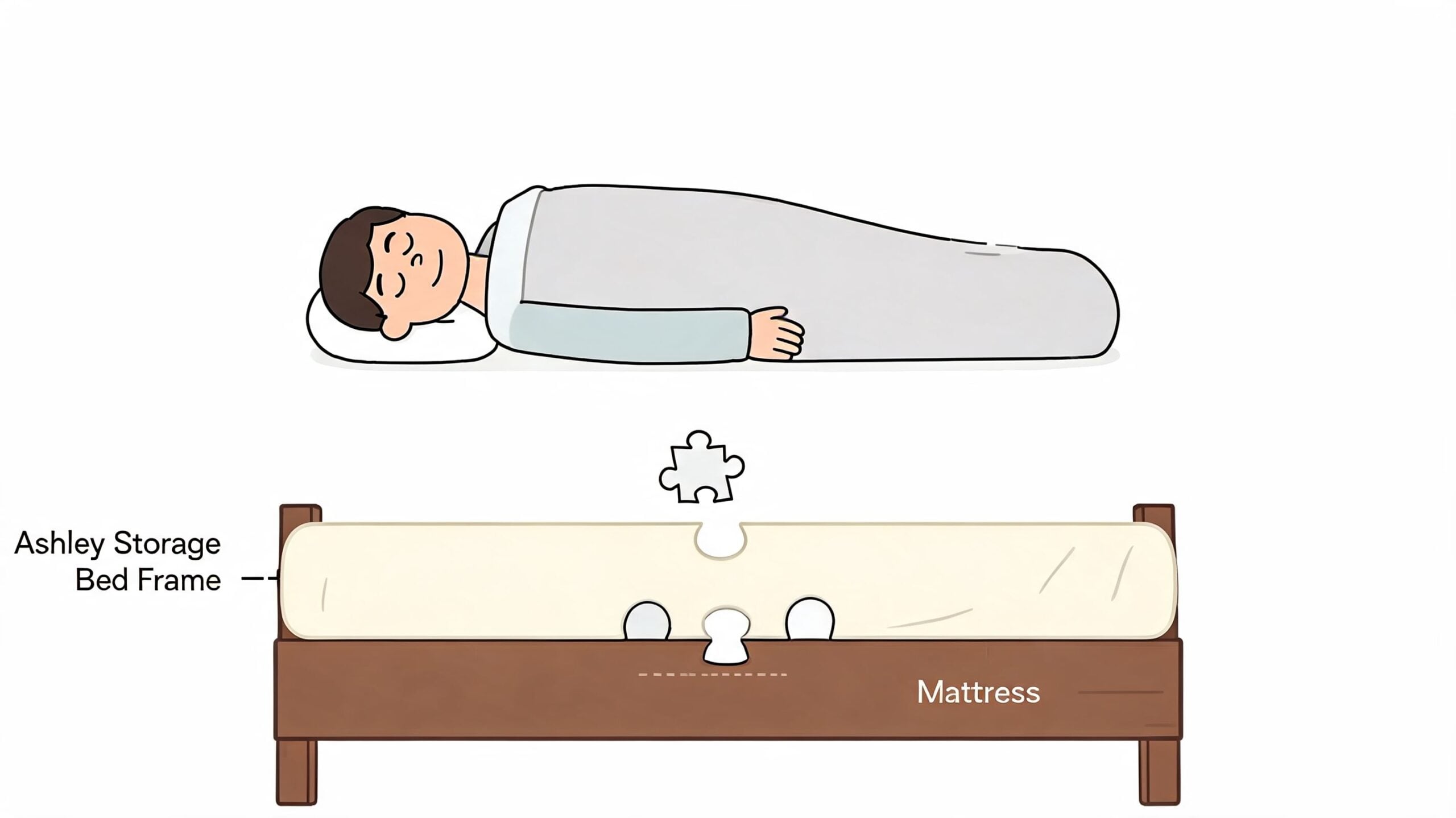 A cartoon illustration shows a person sleeping soundly above a mattress fitting into an Ashley storage bed frame.