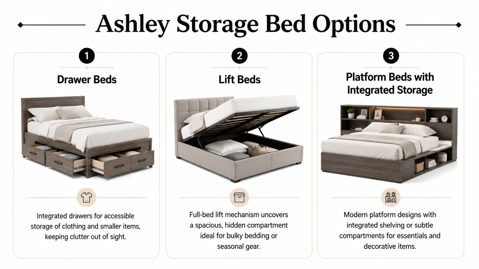 An infographic illustrating three distinct types of Ashley furniture storage beds: drawer beds, lift beds, and platform beds.