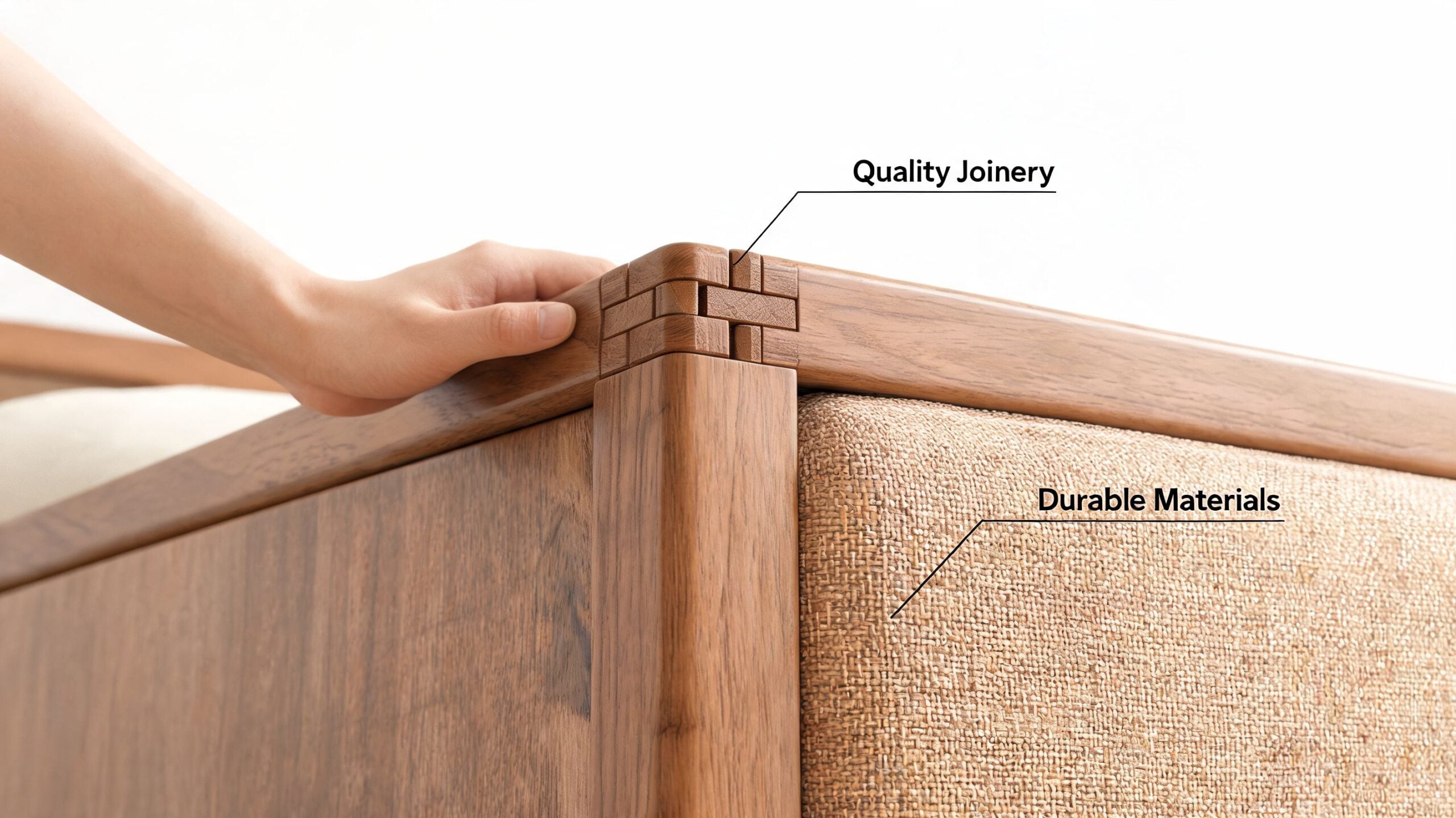 A close-up view of high-quality wood joinery on an Ashley furniture storage bed with durable fabric upholstery.
