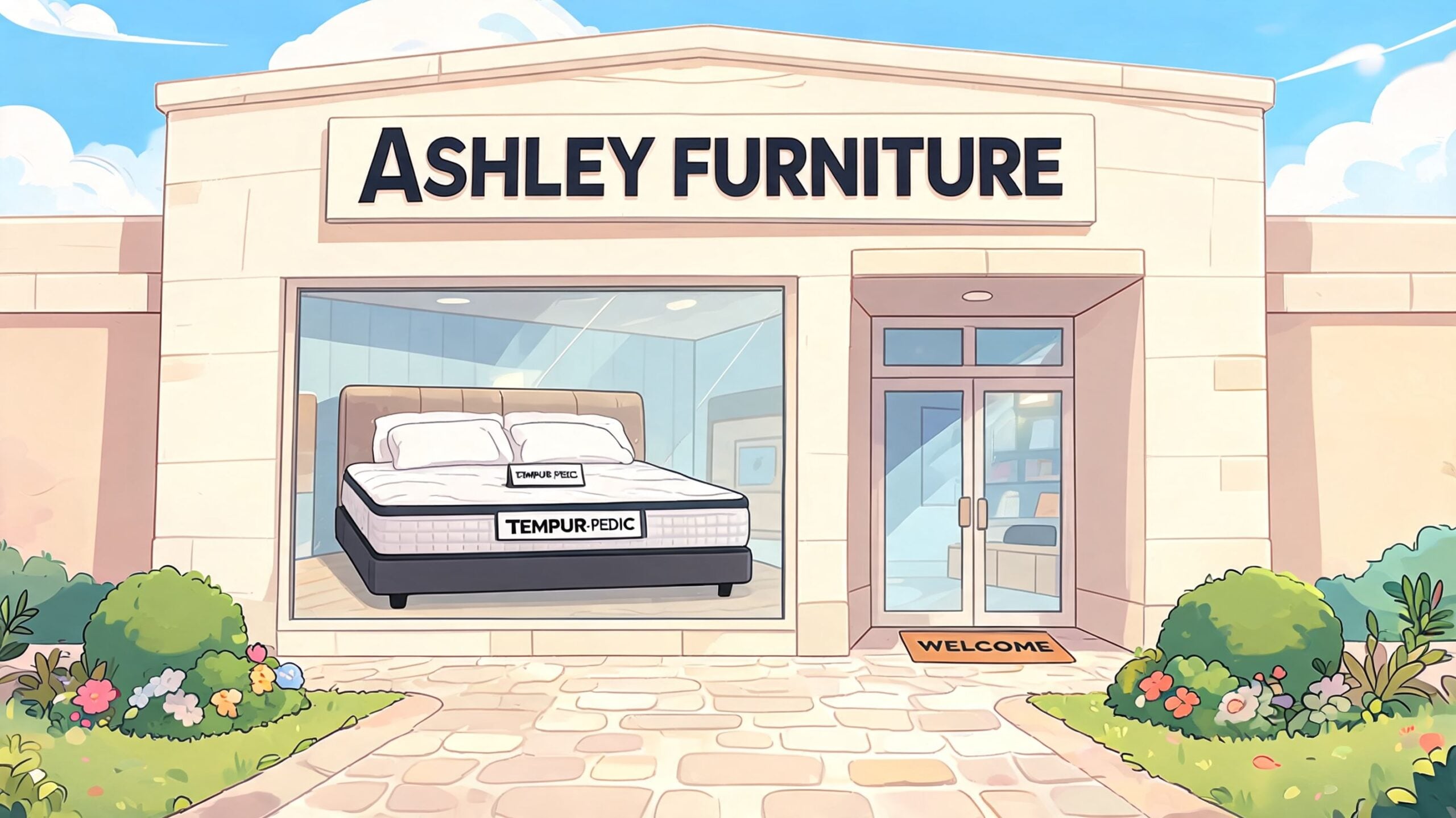 A store front of an Ashley Furniture retail shop displaying a Tempur-Pedic bed in the window.