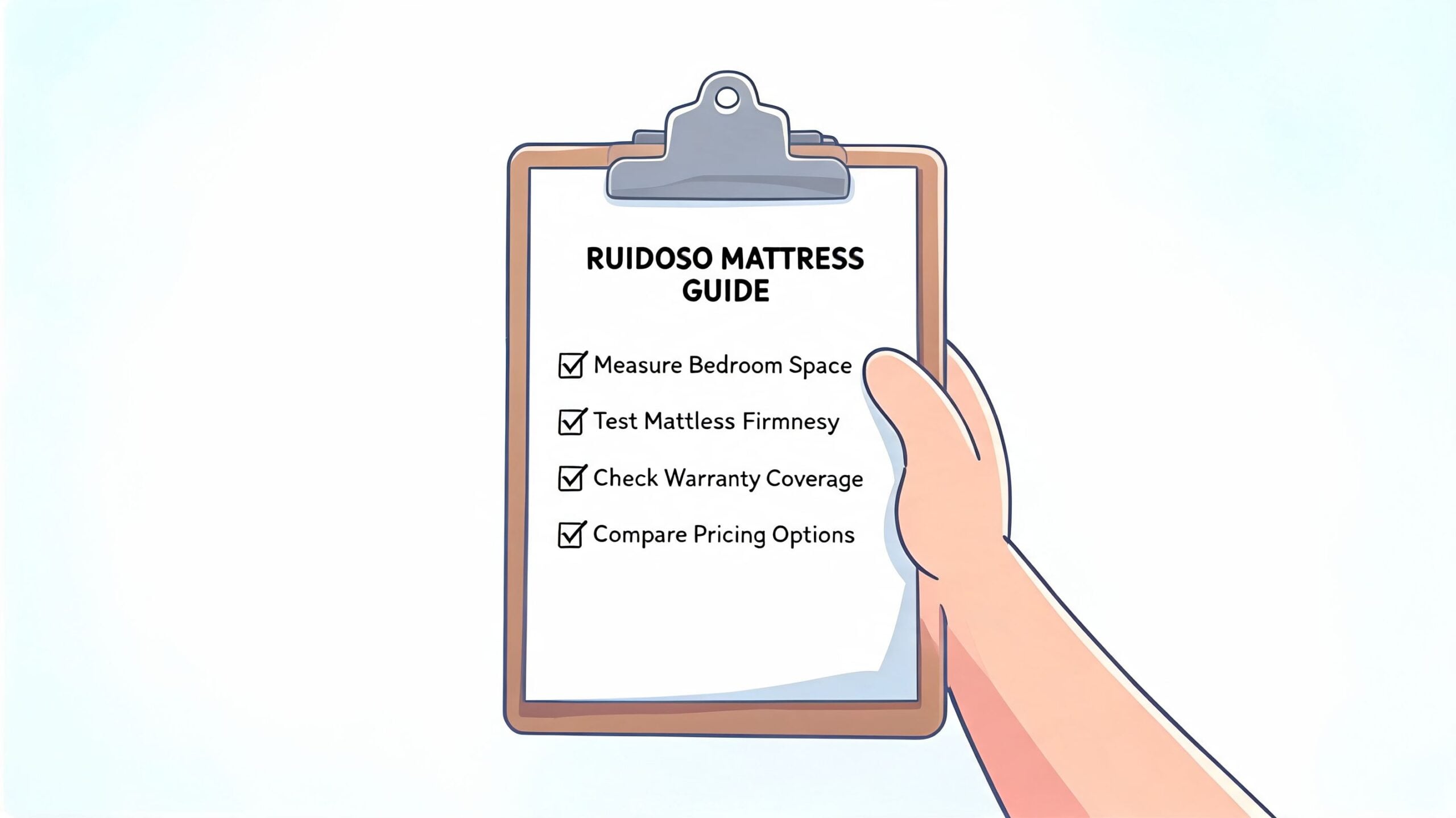 A hand holding a clipboard displaying a Ruidoso mattress buying guide with a checklist of four items.