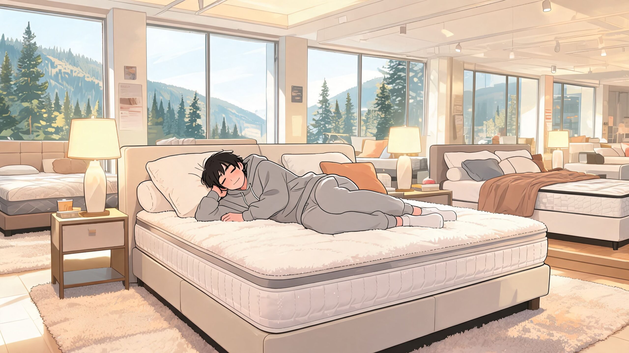 A young man wearing a grey hoodie comfortably sleeping on a mattress in a furniture showroom display.