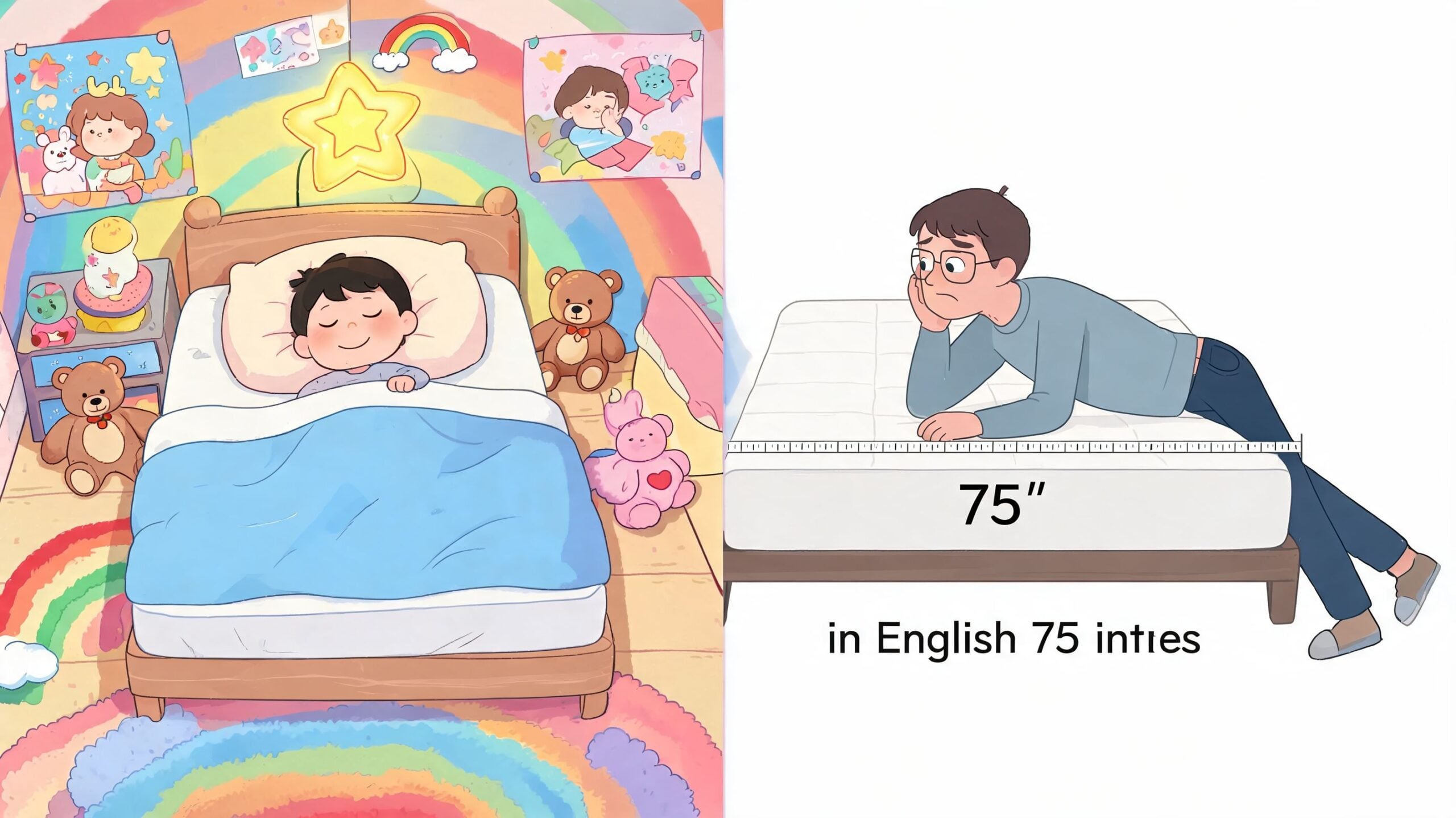 A side-by-side illustration showing a child sleeping on a bed and an adult measuring a twin mattress.