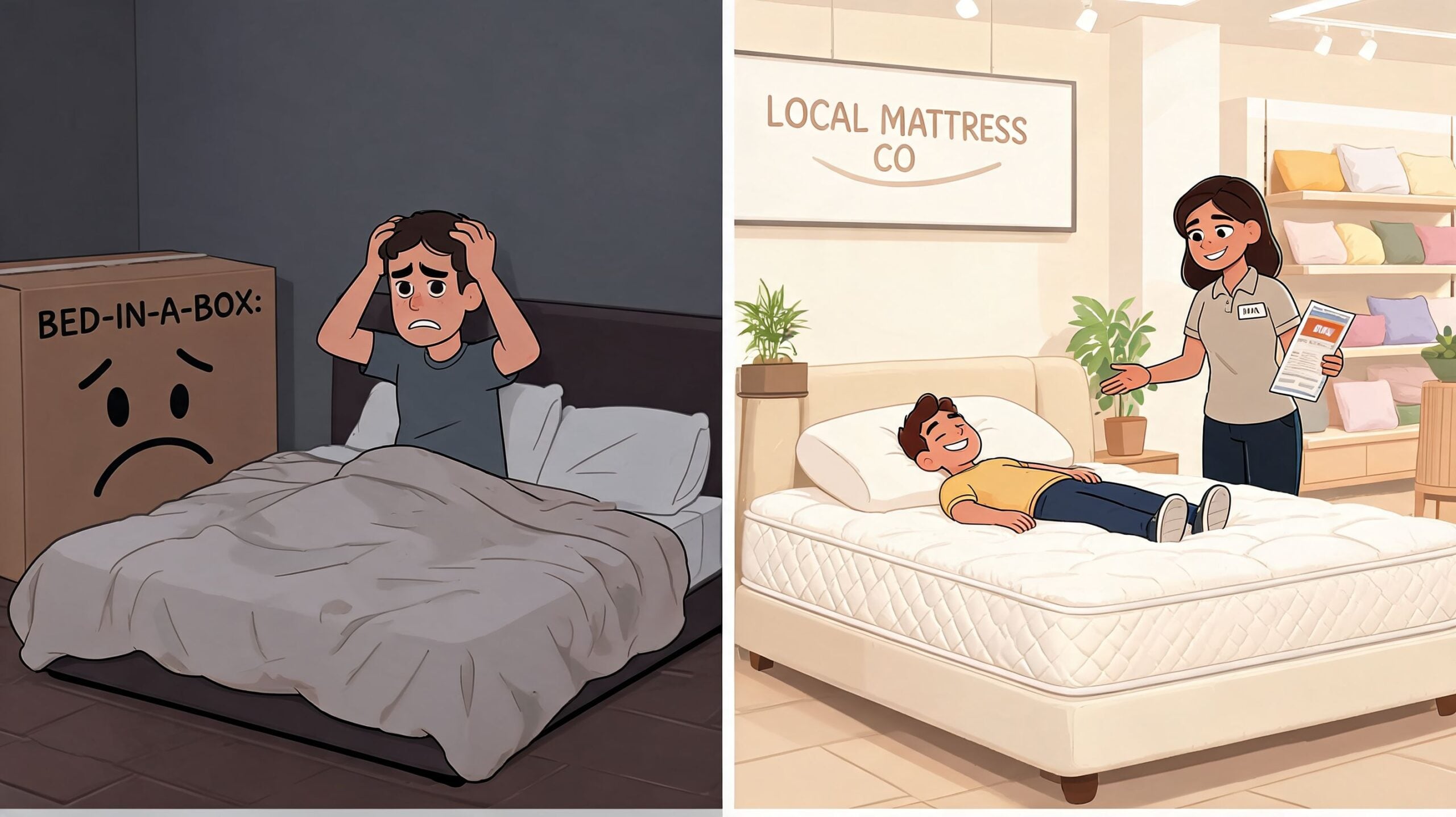 A split image comparing a stressed person struggling with a bed-in-a-box versus shopping at a mattress store.