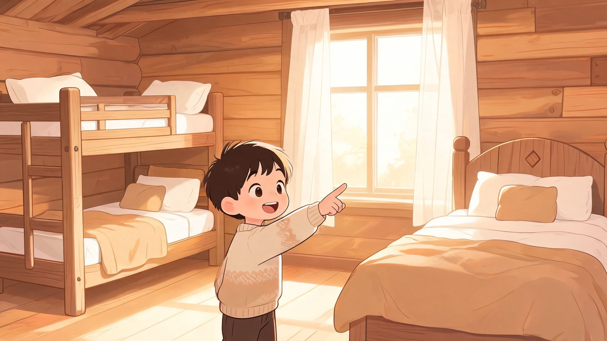 A young boy pointing excitedly inside a cozy rustic wooden cabin room with twin mattresses.