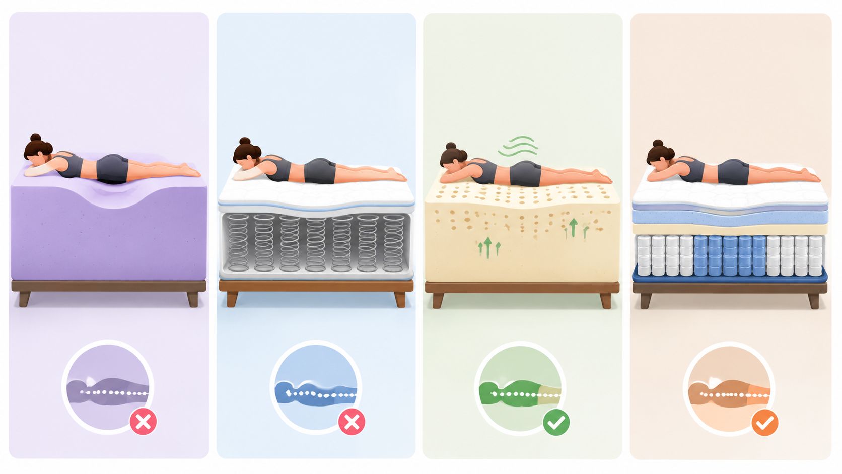 A diagram comparing four types of mattress support levels for stomach sleepers with spinal alignment illustrations.