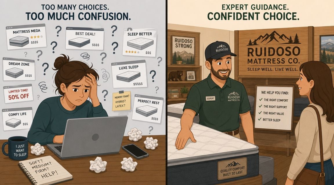 A split comparison showing the stress of online mattress shopping versus personalized guidance at a local store.