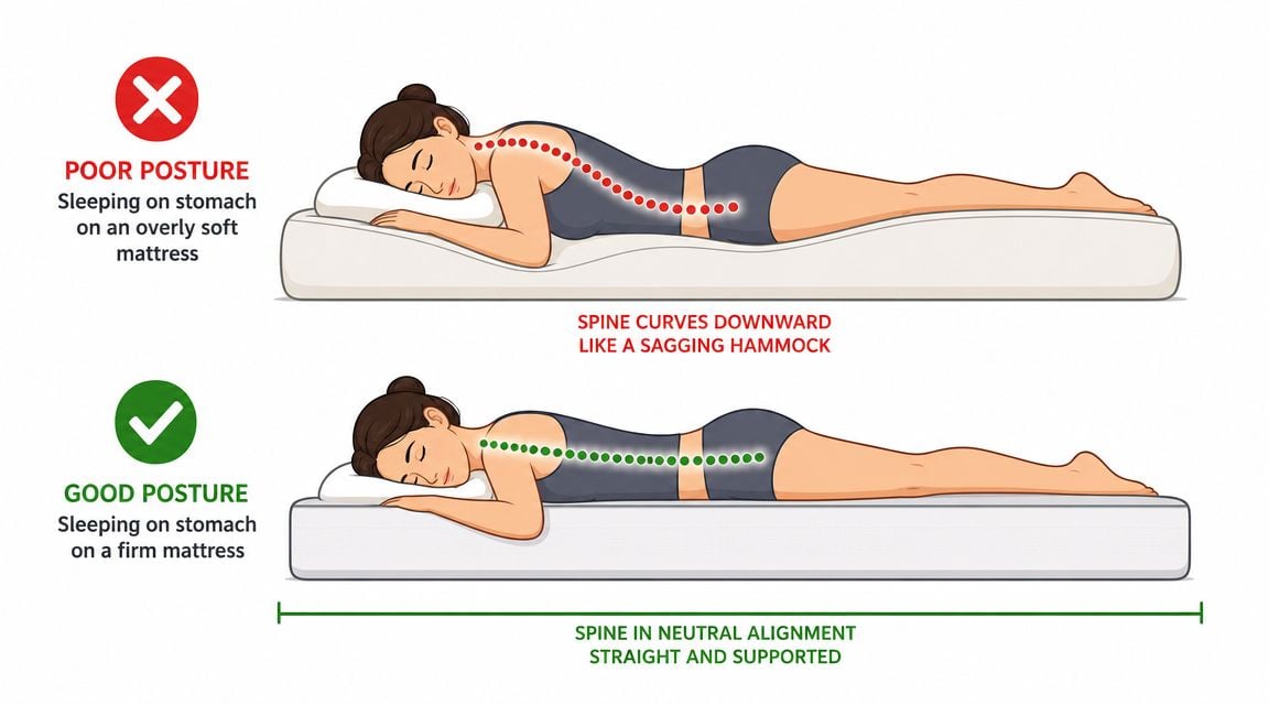 A diagram comparing proper spinal alignment for stomach sleepers on firm versus soft mattresses.