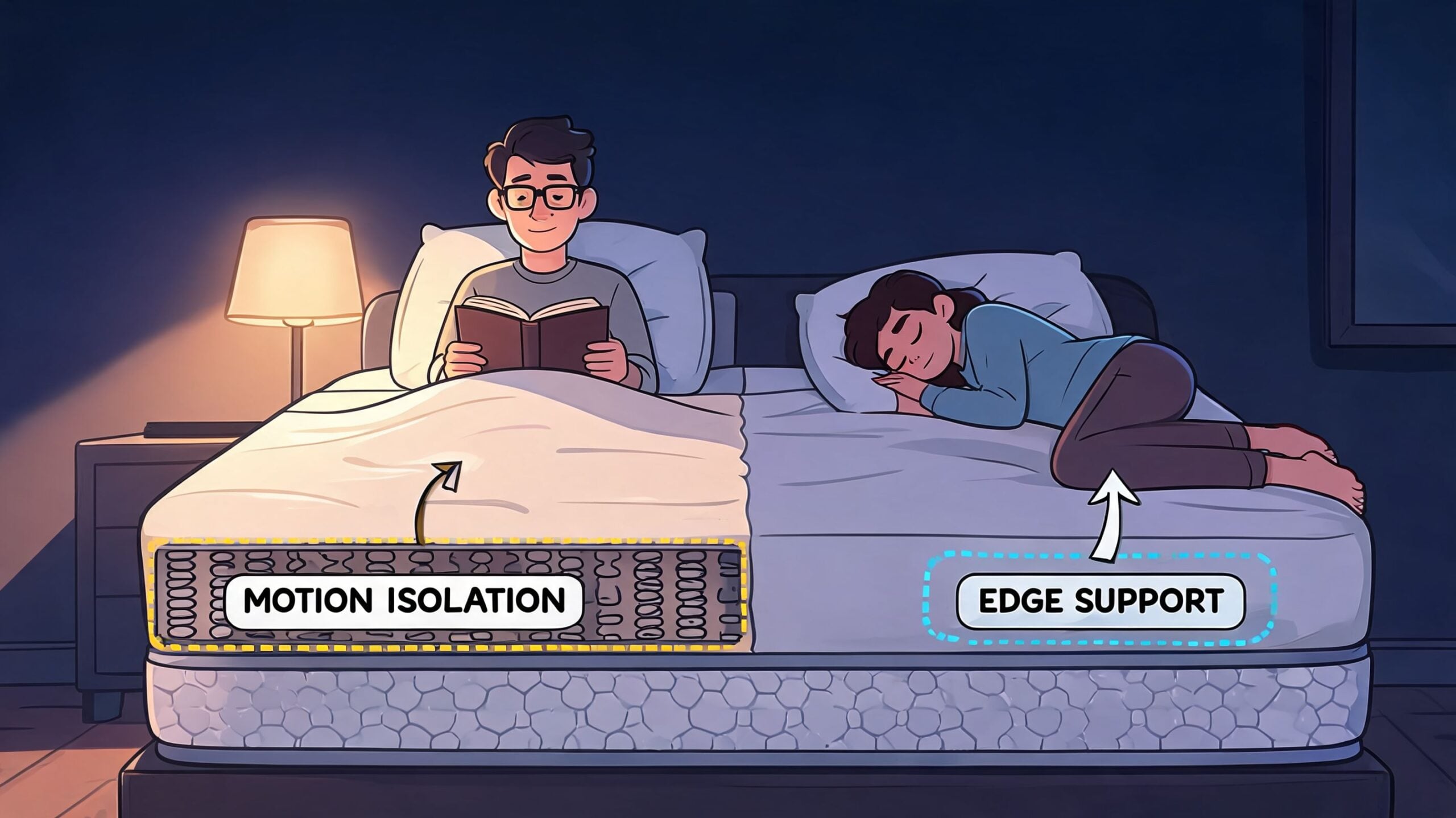 A diagram of a hybrid mattress demonstrating features of motion isolation for one sleeper and edge support.
