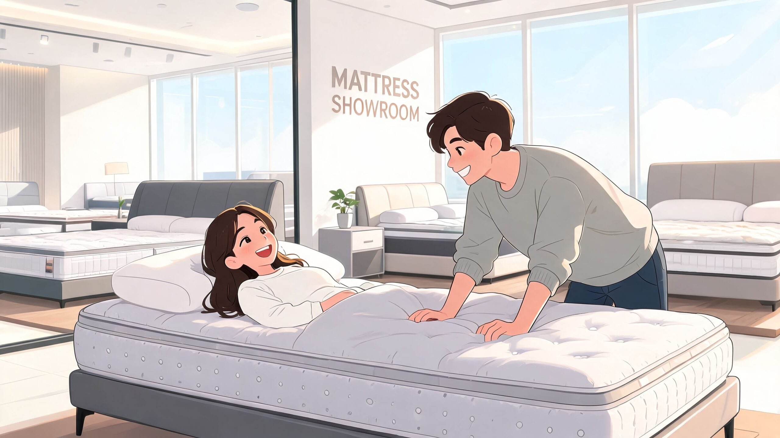 A happy young couple shopping for a new mattress together at a bright modern furniture showroom.