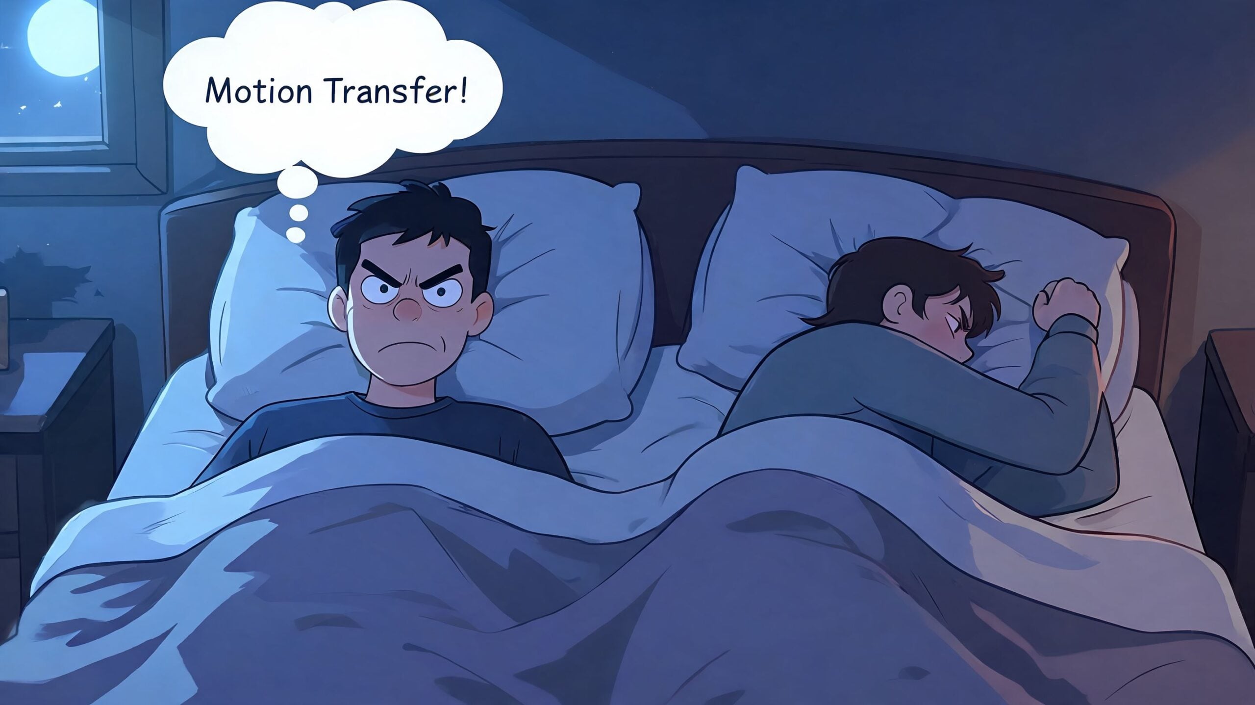 A couple lying in bed, where one person is awake and annoyed by their partner's movement.