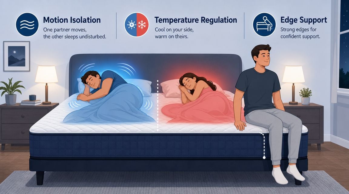 Illustration of a luxury mattress featuring motion isolation, temperature regulation, and sturdy edge support for couples.