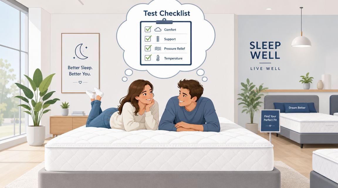A couple lying on a luxury mattress in a store, thinking about essential comfort and support features.