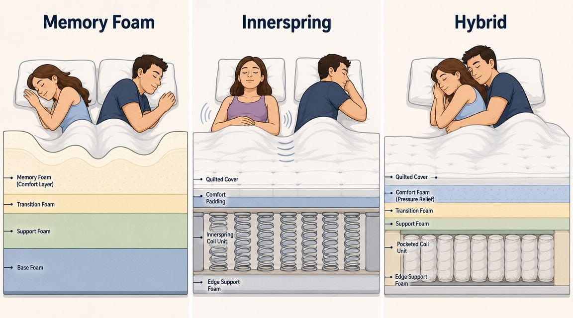 A diagram comparing the interior construction layers of Memory Foam, Innerspring, and Hybrid mattresses while people sleep.