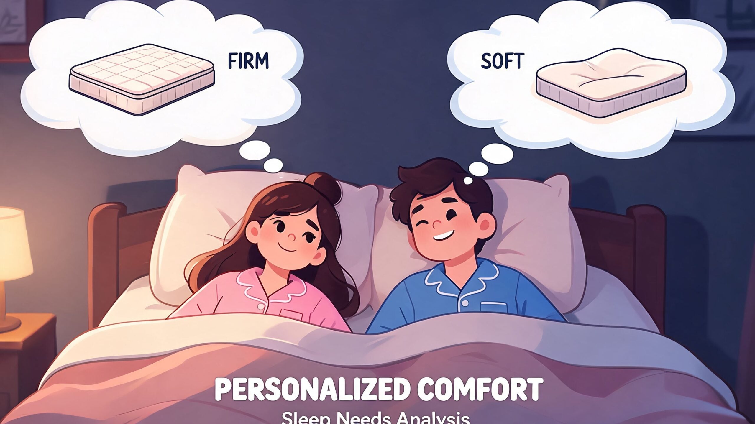 A happy couple in bed thinking about different mattress firmness levels of firm and soft for personalized comfort.