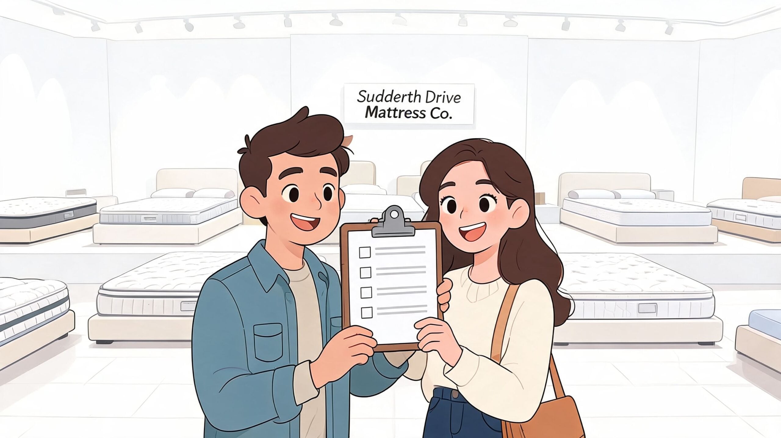 A happy young couple shopping for a new mattress in a bright, modern showroom store.