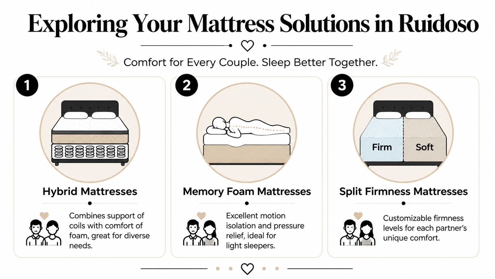 An infographic displaying three types of mattress solutions for couples including hybrid, memory foam, and split firmness options.