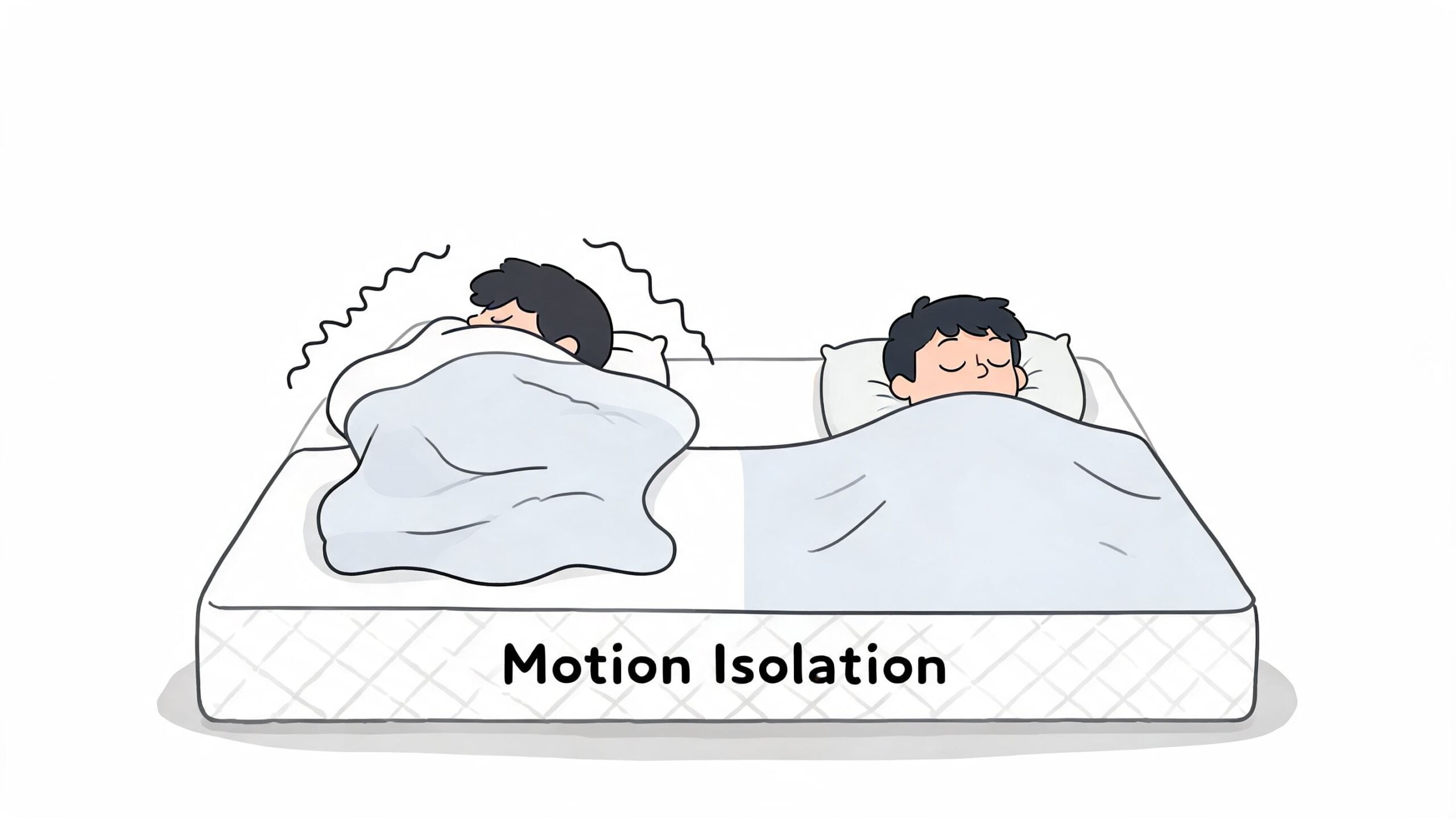 An illustration showing a mattress with motion isolation, with one person tossing and turning while the other sleeps.