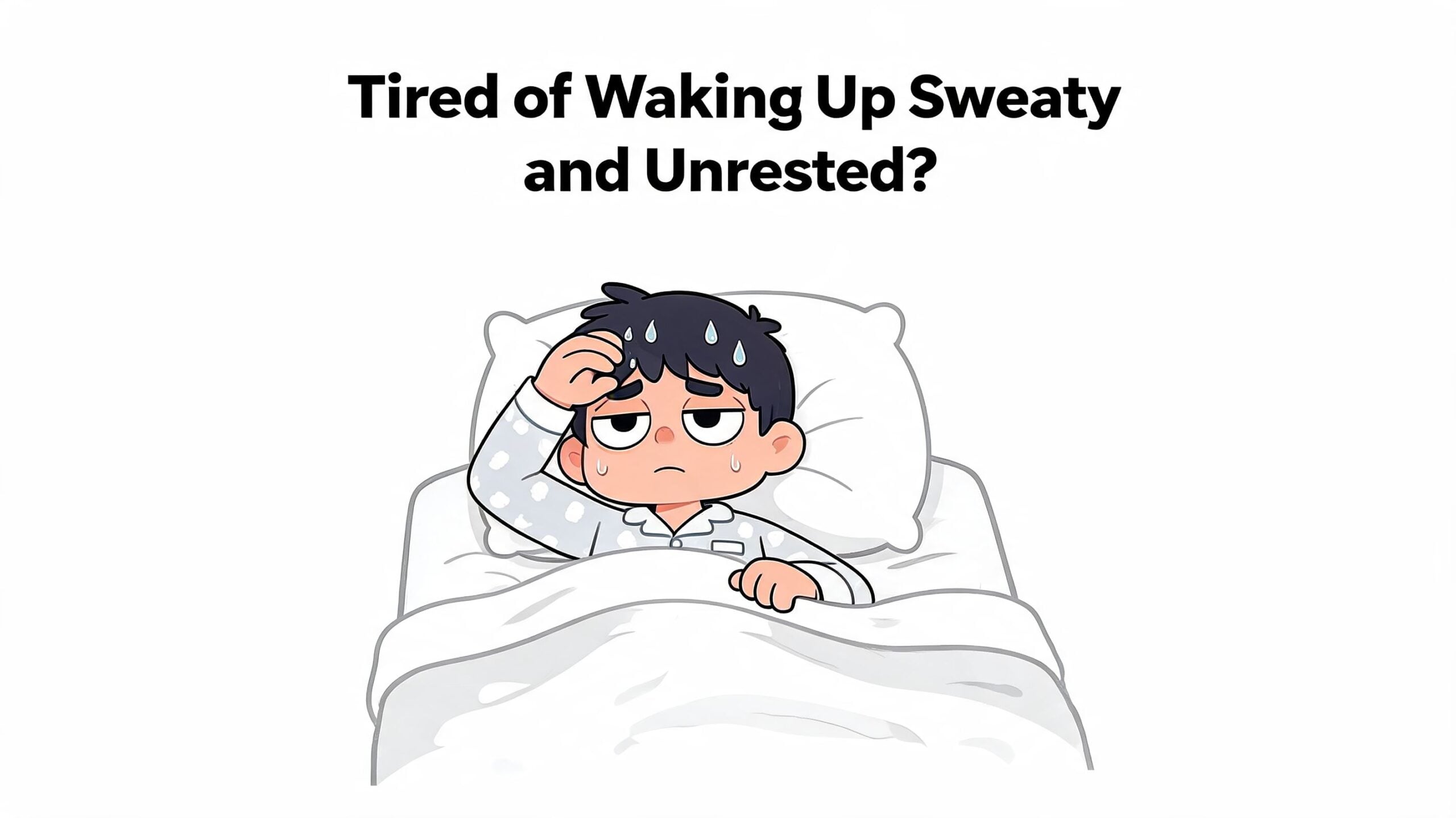 A cartoon illustration of a tired, sweaty person waking up in bed feeling restless and uncomfortable.
