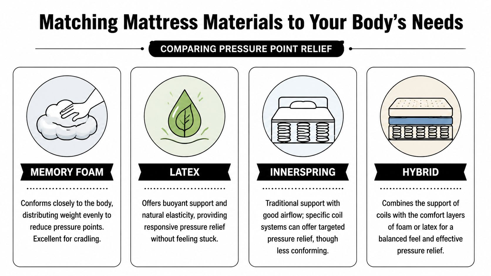 A comparison chart outlining the pressure point relief characteristics of memory foam, latex, innerspring, and hybrid mattresses.