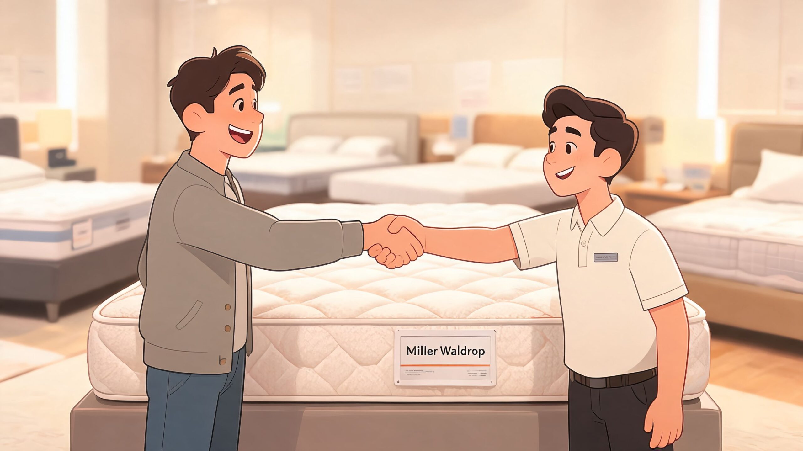 A customer shaking hands with a salesperson in a mattress store while standing by a bed.