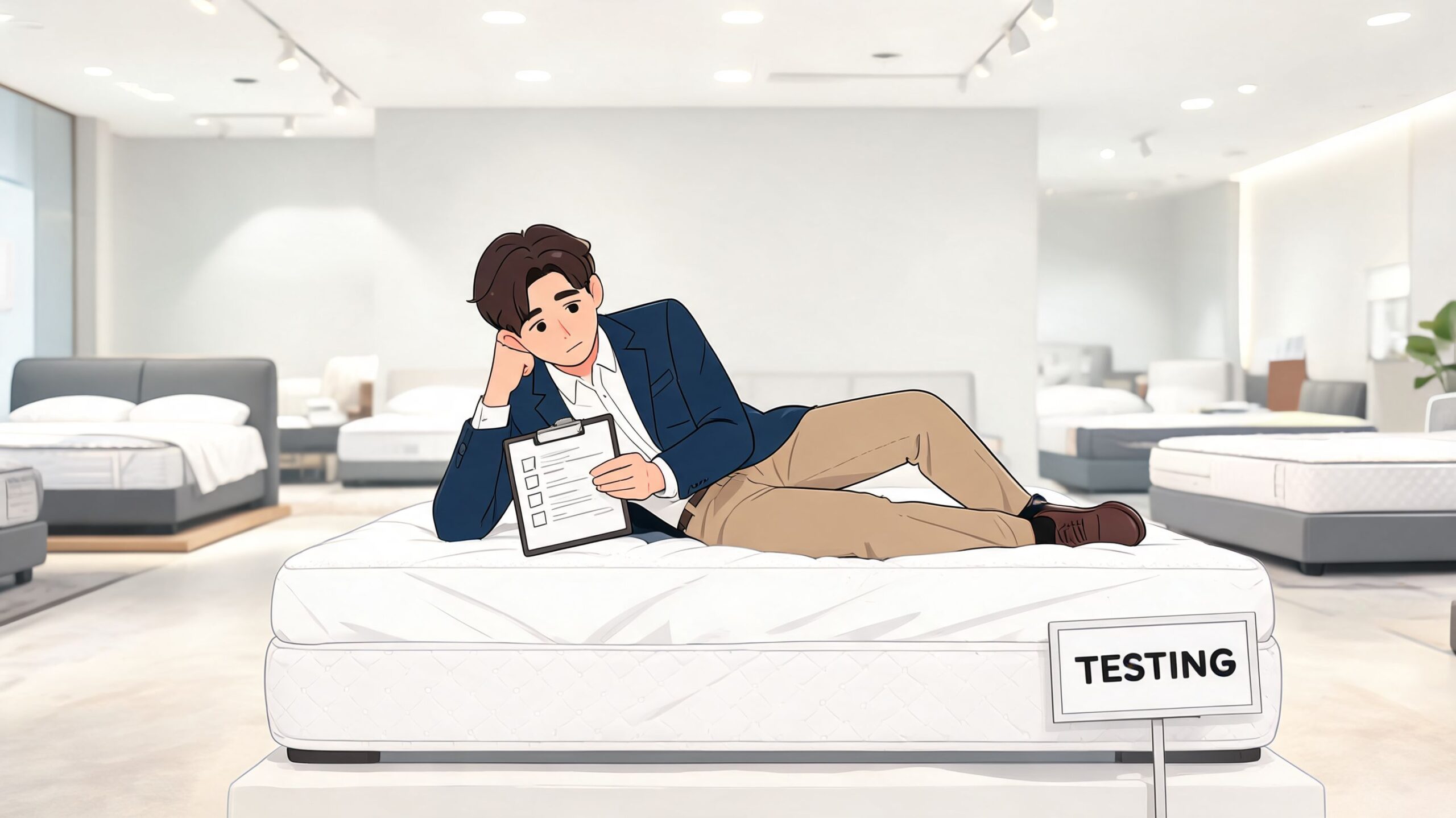 A man in a suit lying on a mattress in a store holding a testing clipboard.