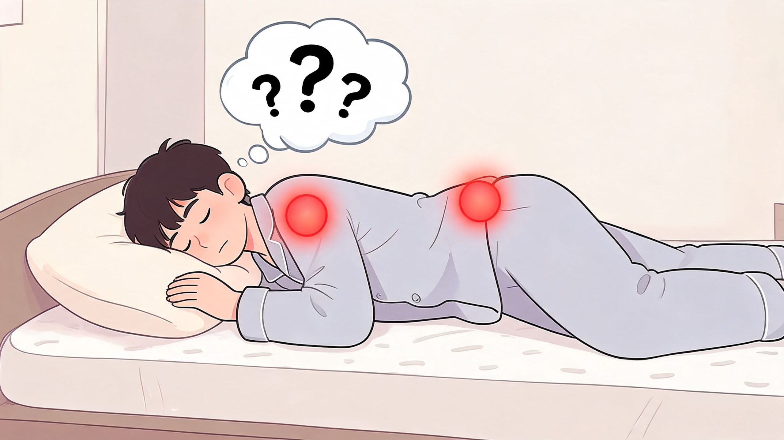An illustration of a person sleeping in bed feeling pressure pain in their shoulder and lower back.