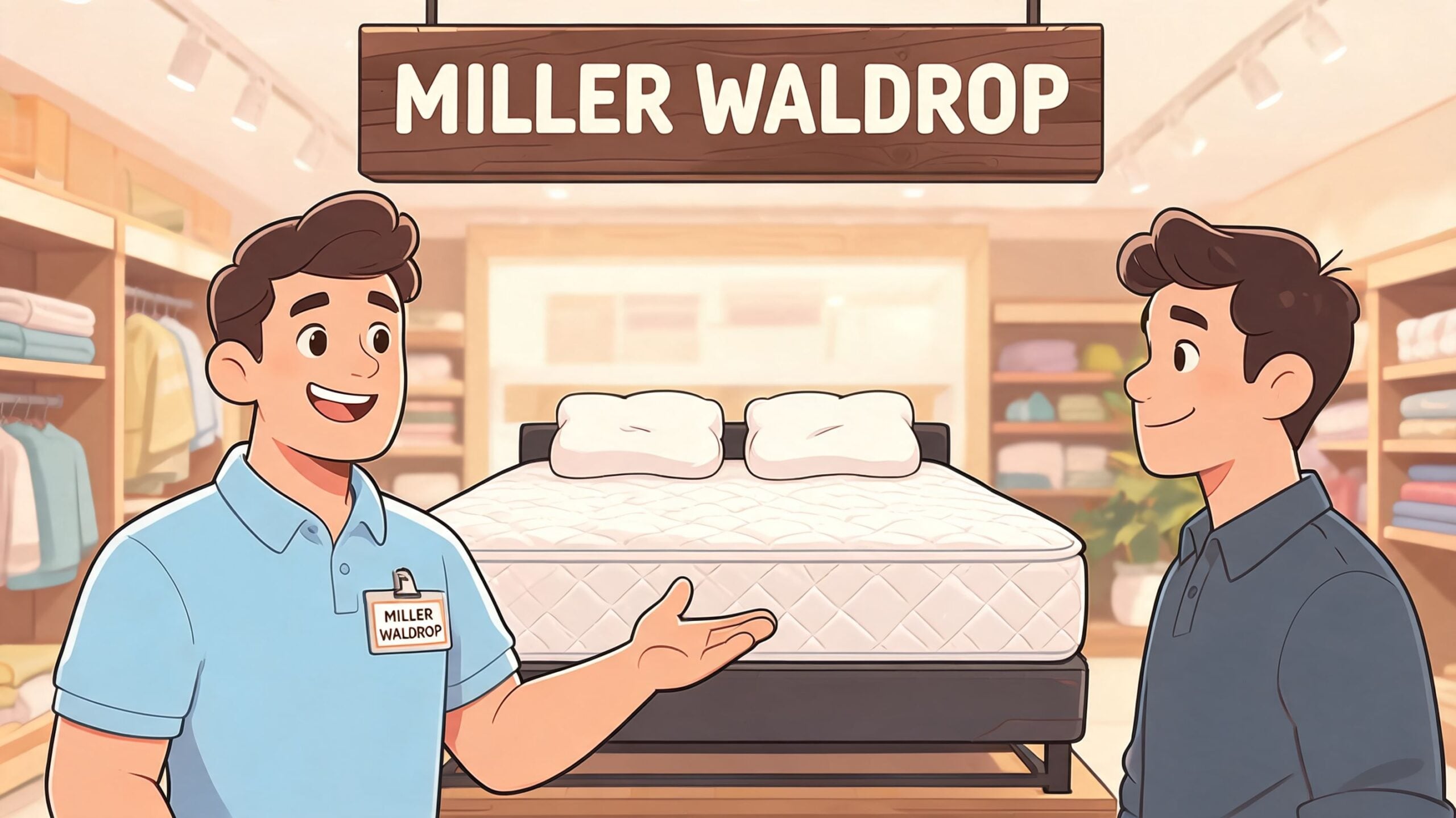 A friendly mattress store employee gesturing toward a premium bed while speaking with a customer.