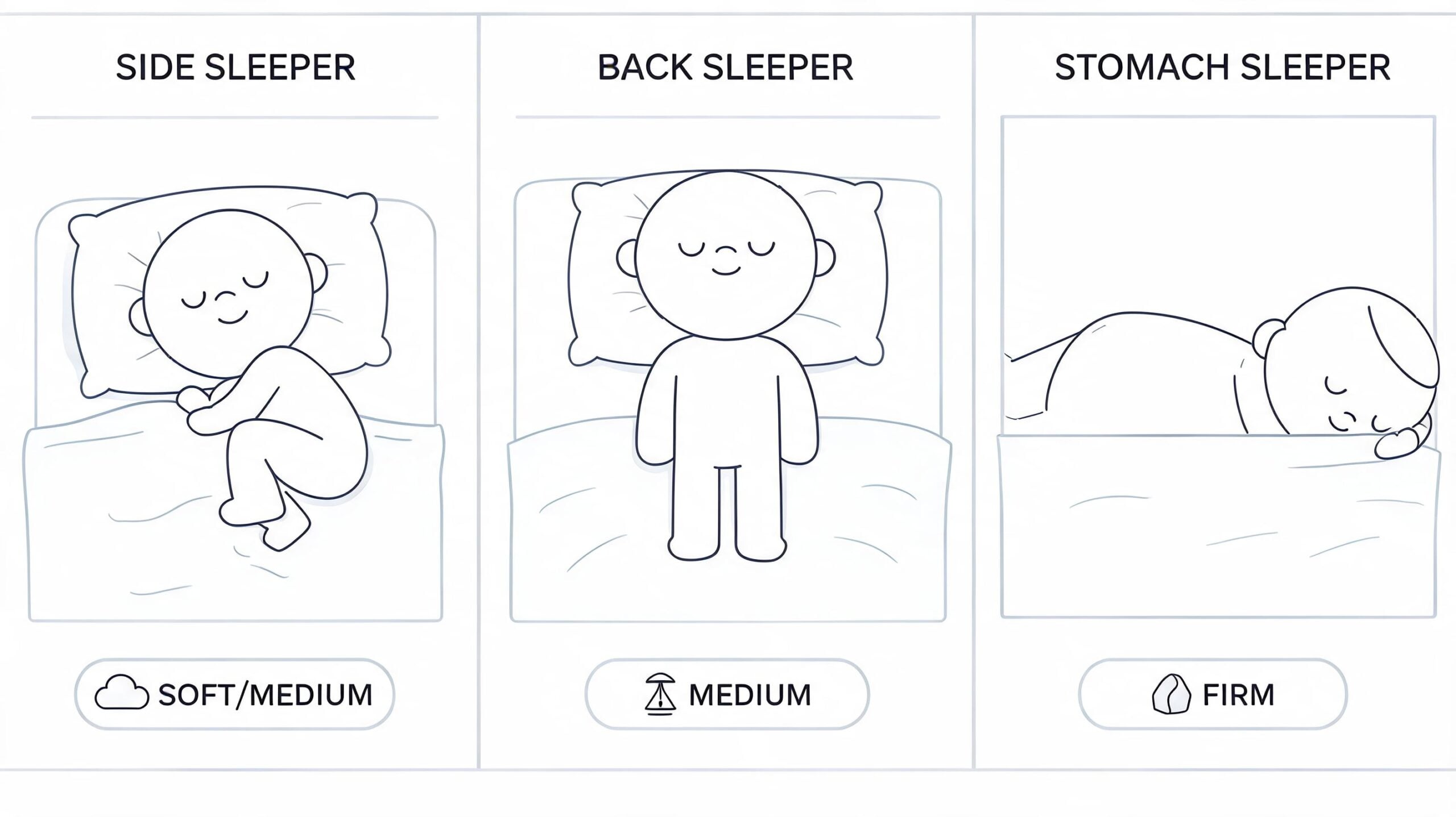 A diagram illustrating ideal mattress firmness levels for side, back, and stomach sleeping positions for sleepers.