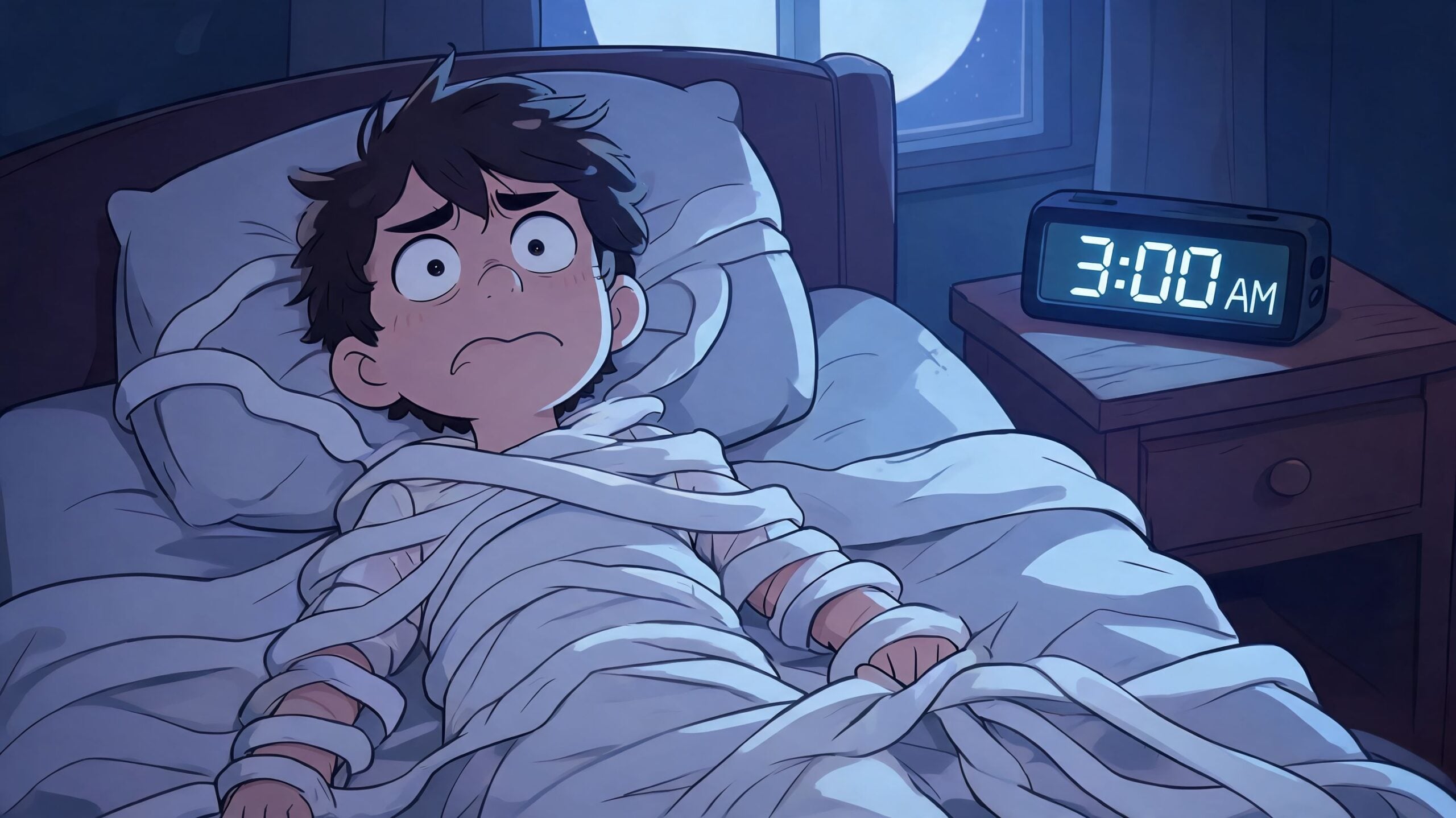 A cartoon child looking anxious and tangled in bed sheets while staring at a digital clock showing 3 AM.