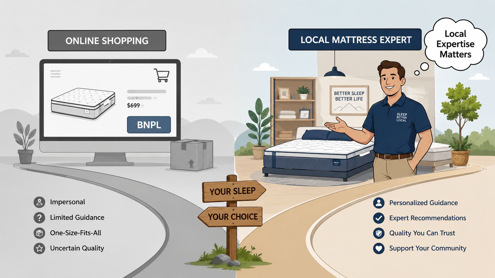 A split illustration comparing impersonal online mattress shopping to personalized service from a local mattress expert.