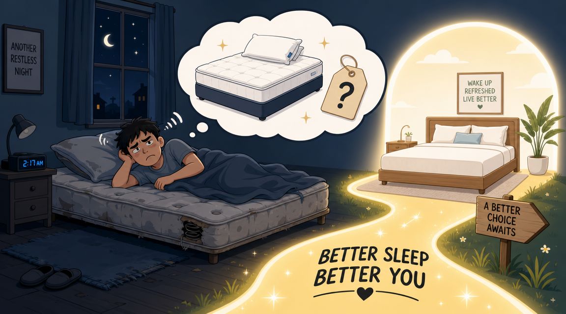 A man in a worn-out bed dreaming of a better mattress, transitioning into a refreshed sleep lifestyle.