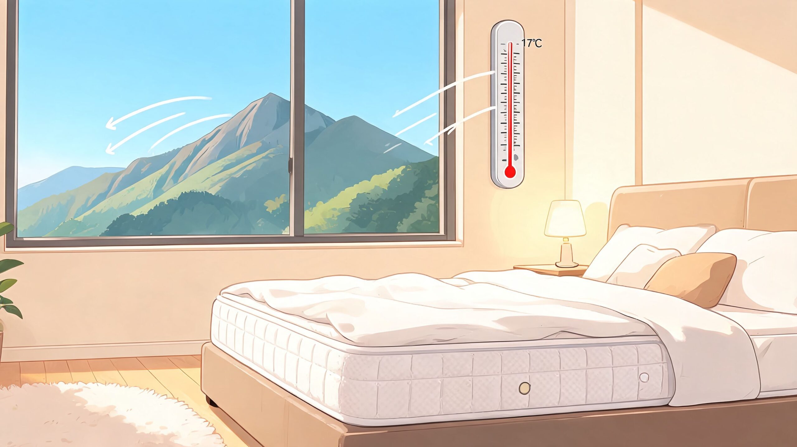 A bright, airy bedroom featuring a comfortable new mattress positioned next to a large window with mountain views.