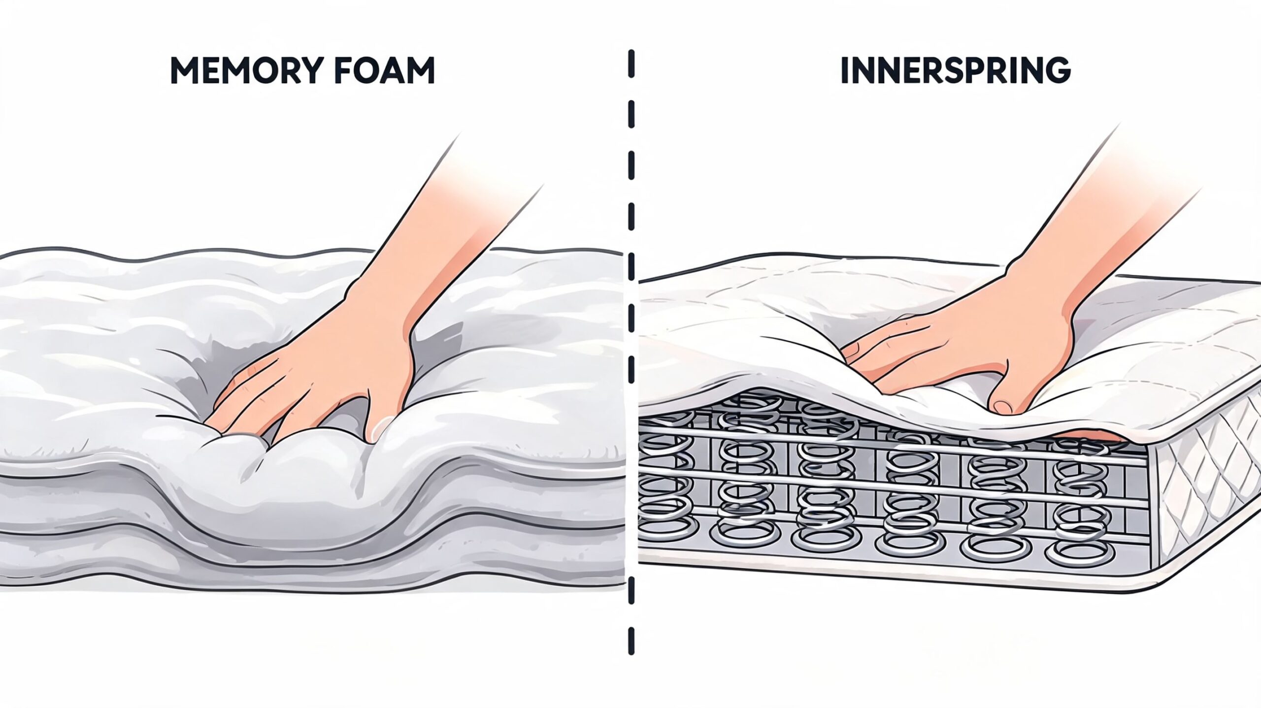 A split image comparing the soft texture of a memory foam mattress with the internal coil structure of an innerspring mattress.