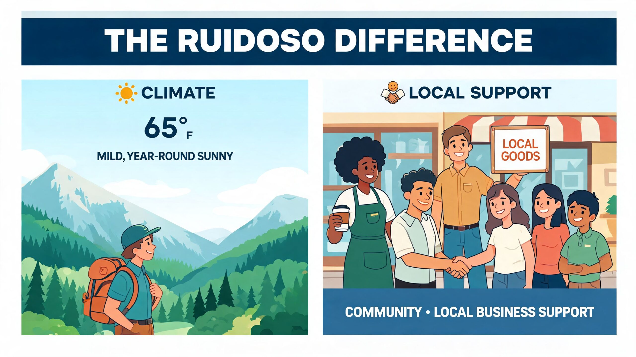 An infographic highlighting the benefits of Ruidoso, featuring a sunny mountain scene and local community support.