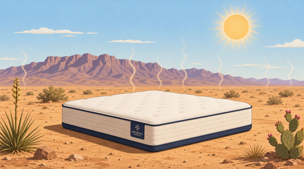 A New Mexico Comfort mattress sitting on the hot desert floor under a bright sun.