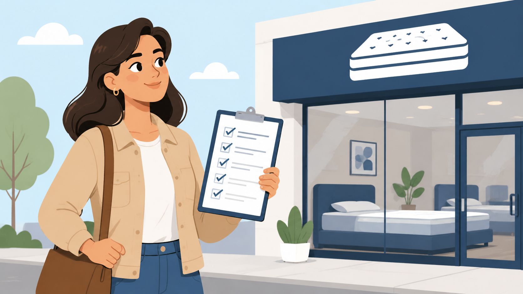 A happy woman holding a checklist standing in front of a modern mattress store storefront.